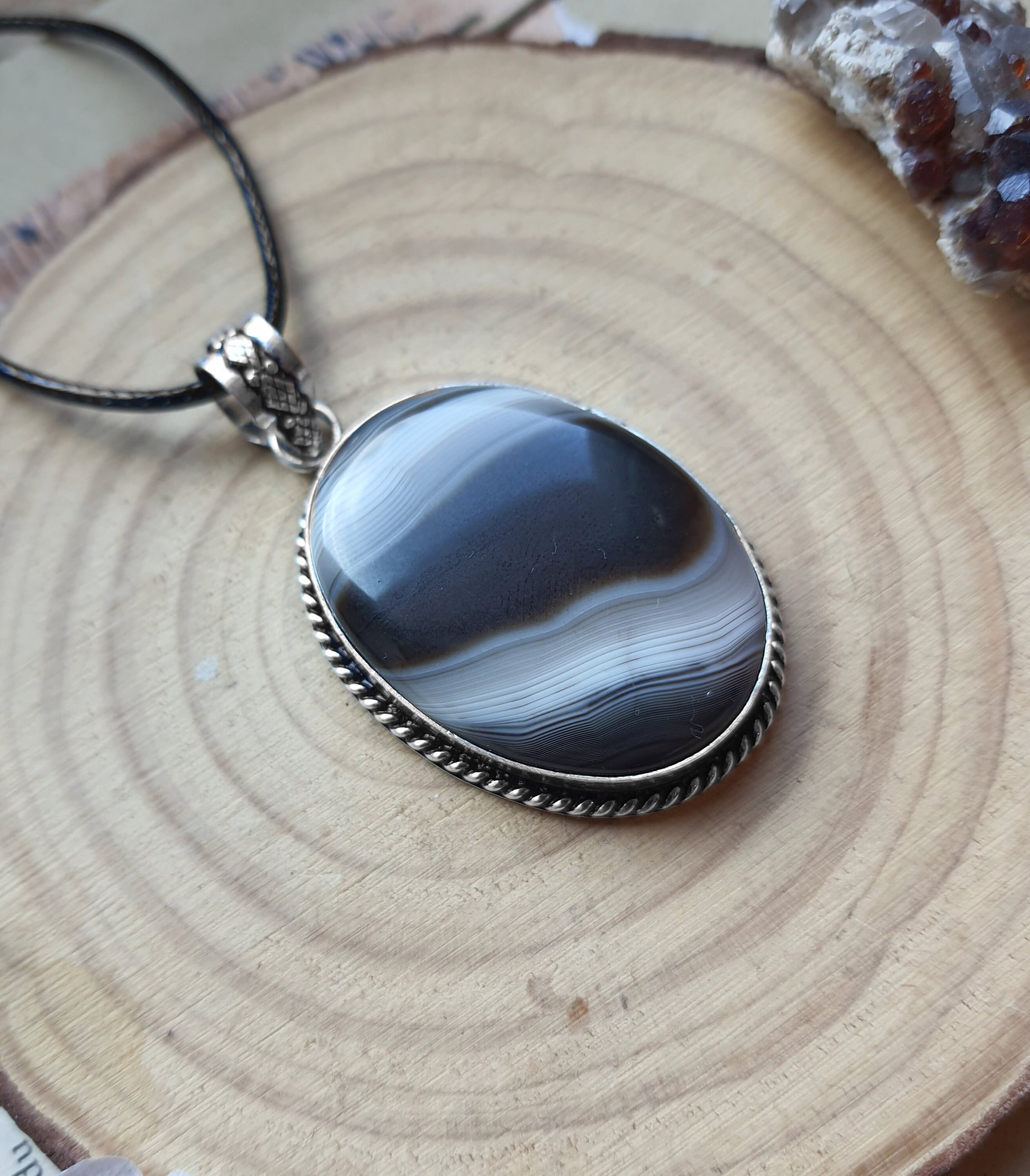 Botswana Agate Pendant In Sterling Silver Boho Crystal Necklace Unique Gift Unisex Necklace