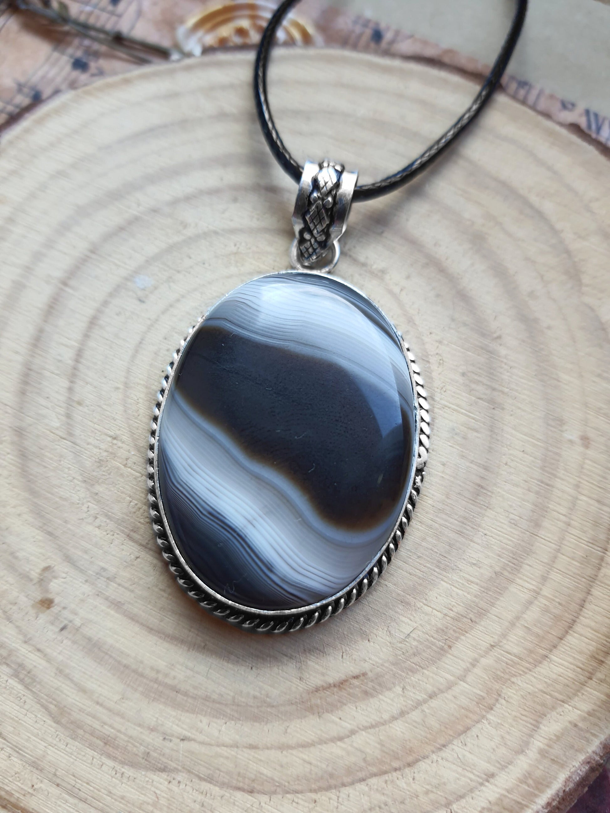 Botswana Agate Pendant In Sterling Silver Boho Crystal Necklace Unique Gift Unisex Necklace