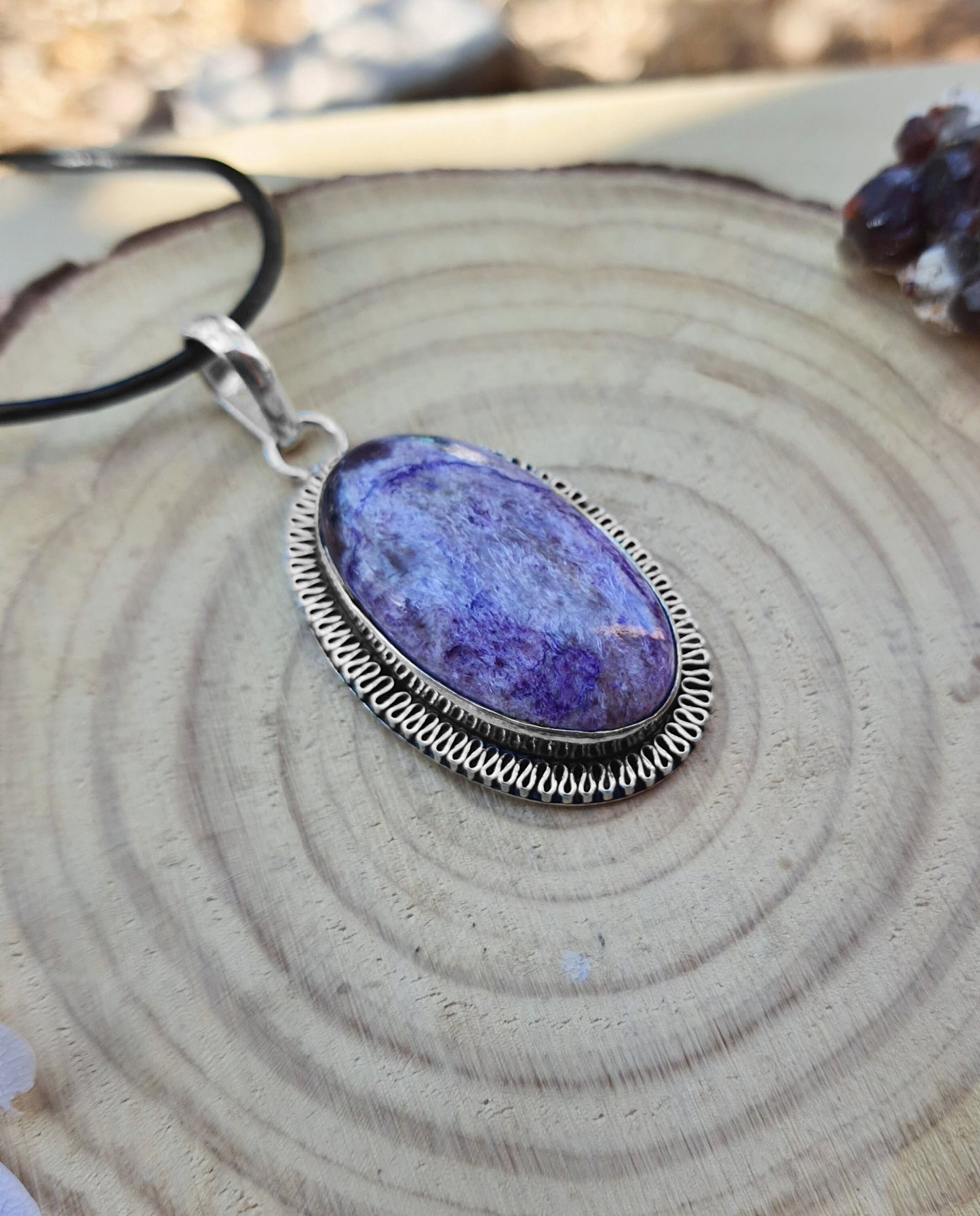 Charoite Statement Necklace Sterling Silver Oval Pendant Boho Gemstone Necklace Ethnic Pendant Unique Gift