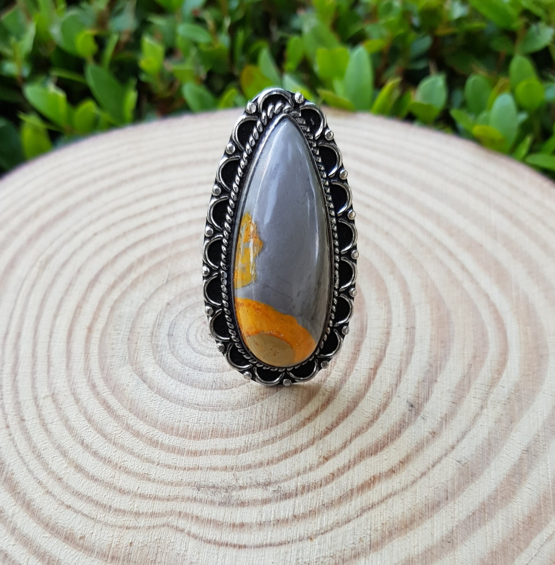 Bumble Bee Jasper Statement Ring Sterling Silver Gemstone Ring Size US 9 1/2 Boho Rings Unique Gift For Her