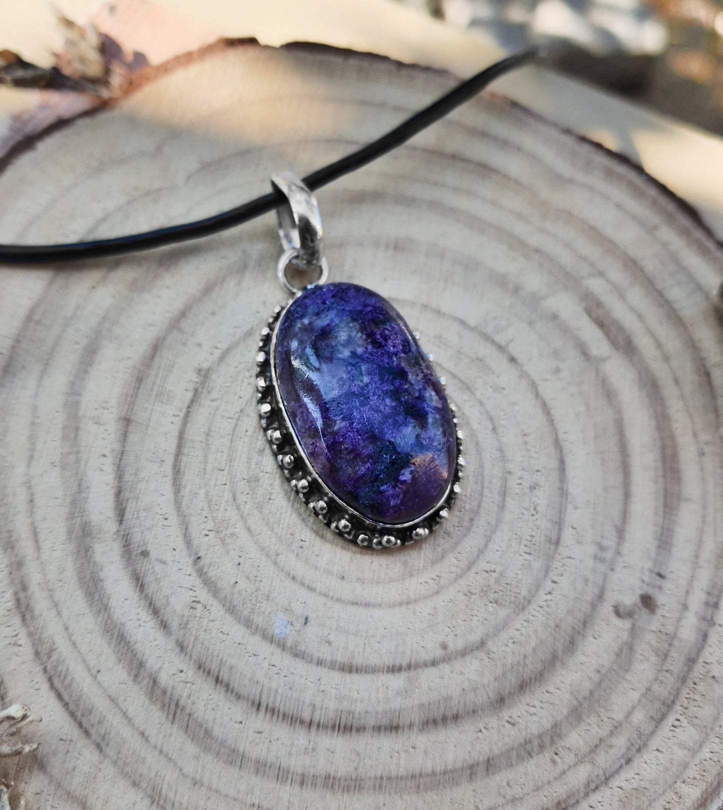 Charoite Statement Necklace Sterling Silver Oval Pendant Boho Gemstone Necklace Ethnic Pendant Unique Gift