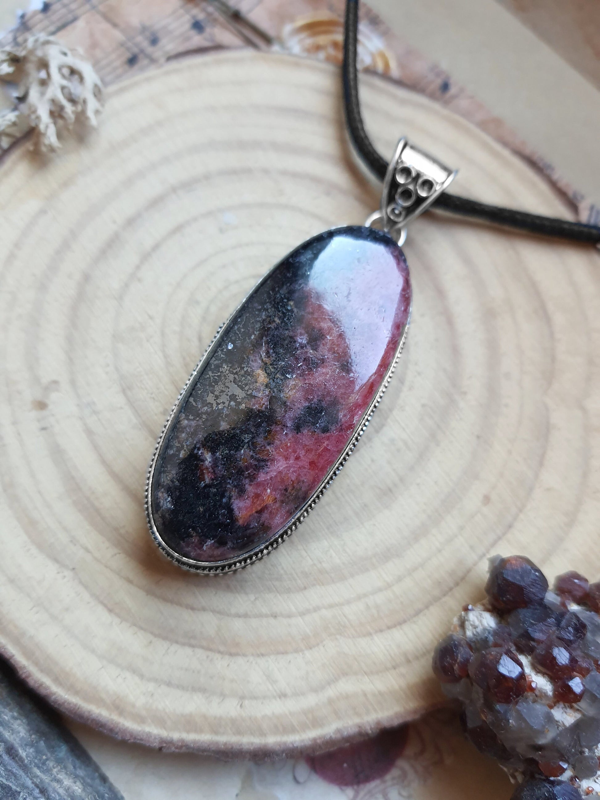 Pink Rhodonite Pendant In Sterling Silver Boho Crystal Necklace Unique Gift Gypsy Jewellery