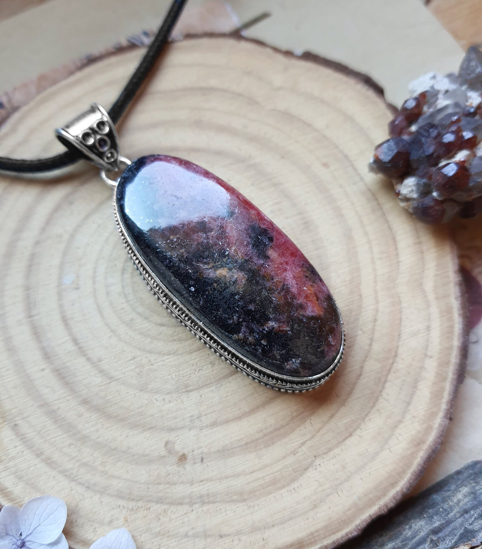 Pink Rhodonite Pendant In Sterling Silver Boho Crystal Necklace Unique Gift Gypsy Jewellery