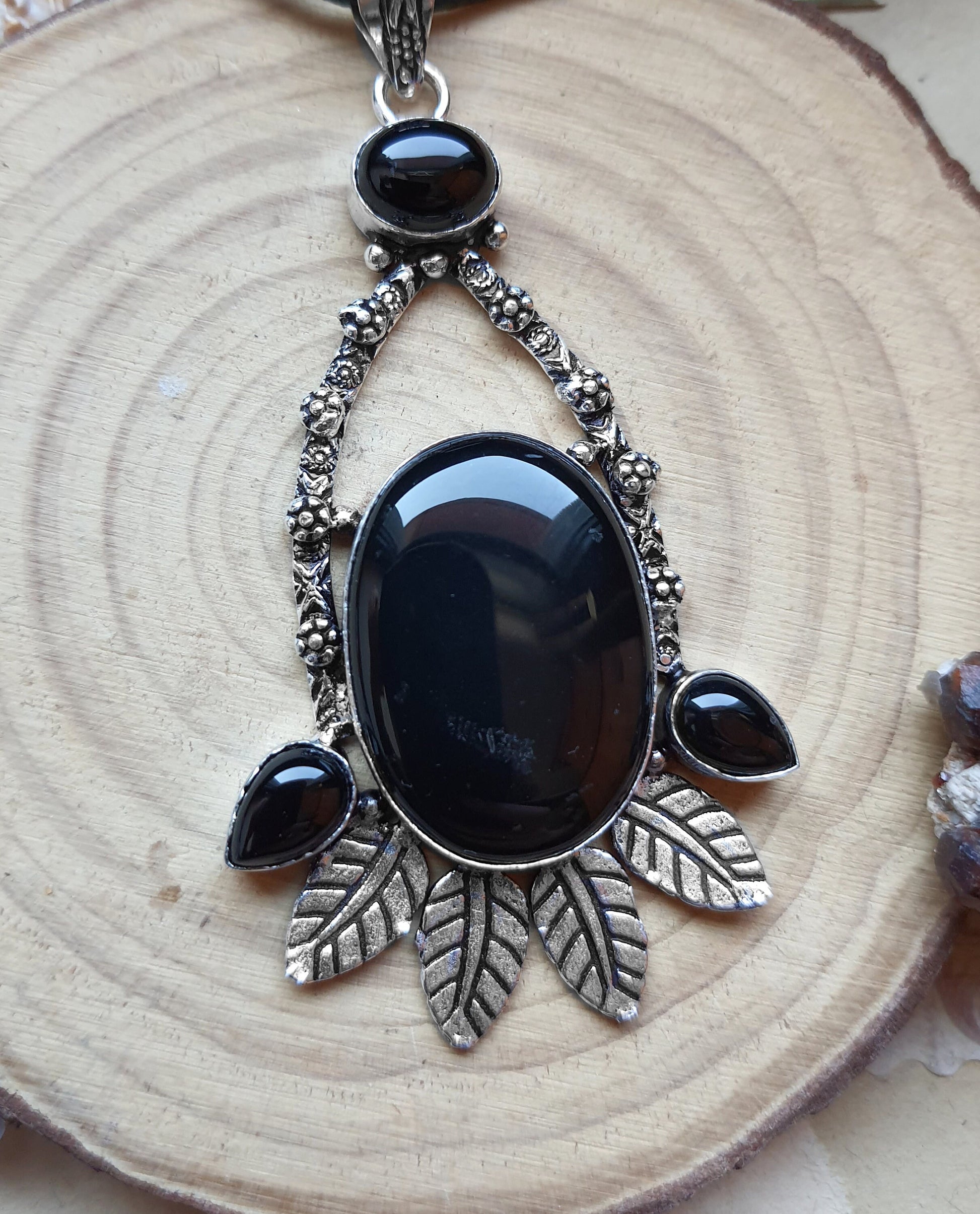 Black Onyx Pendant In Sterling Silver Boho Crystal Necklace Unique Gift For Women