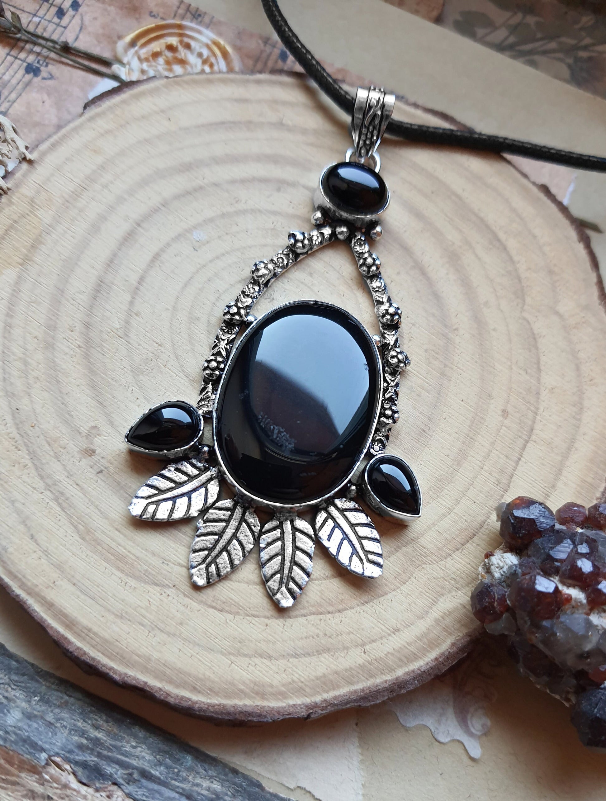 Black Onyx Pendant In Sterling Silver Boho Crystal Necklace Unique Gift For Women