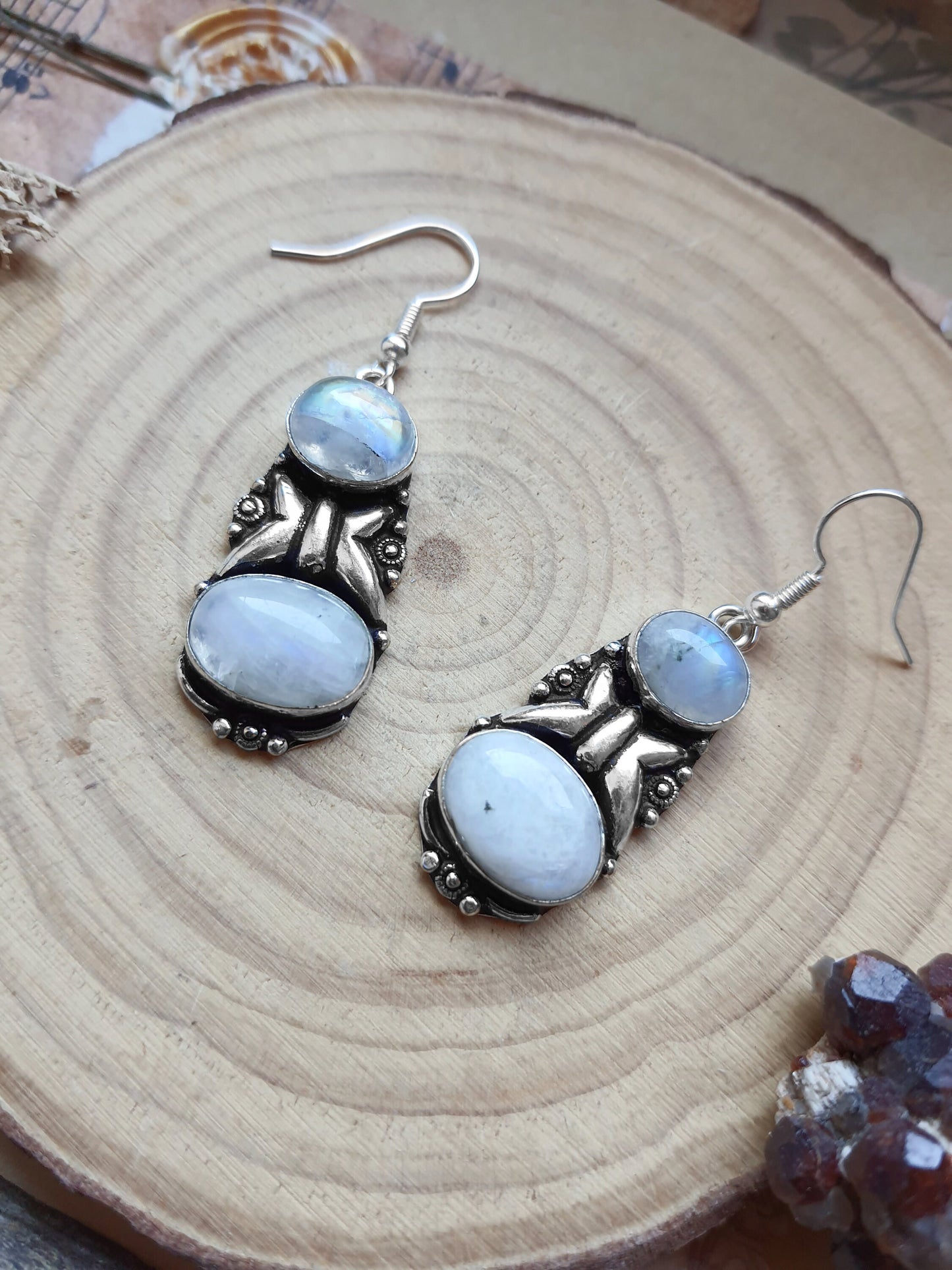 White Moonstone Earrings Sterling Silver Big Dangle Earrings Statement Earrings Boho Gemstone Earrings Unique Jewellery