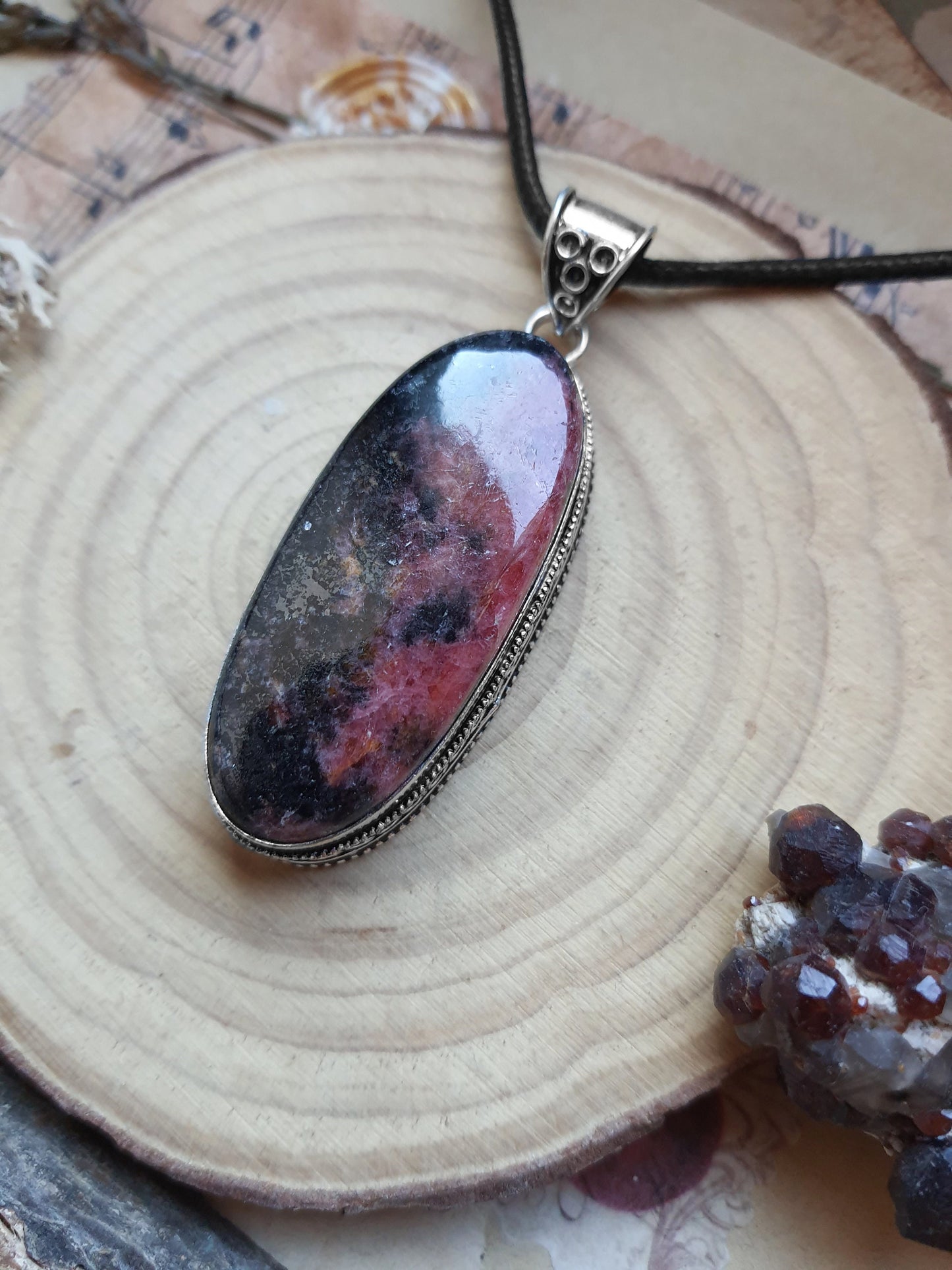 Pink Rhodonite Pendant In Sterling Silver Boho Crystal Necklace Unique Gift Gypsy Jewellery