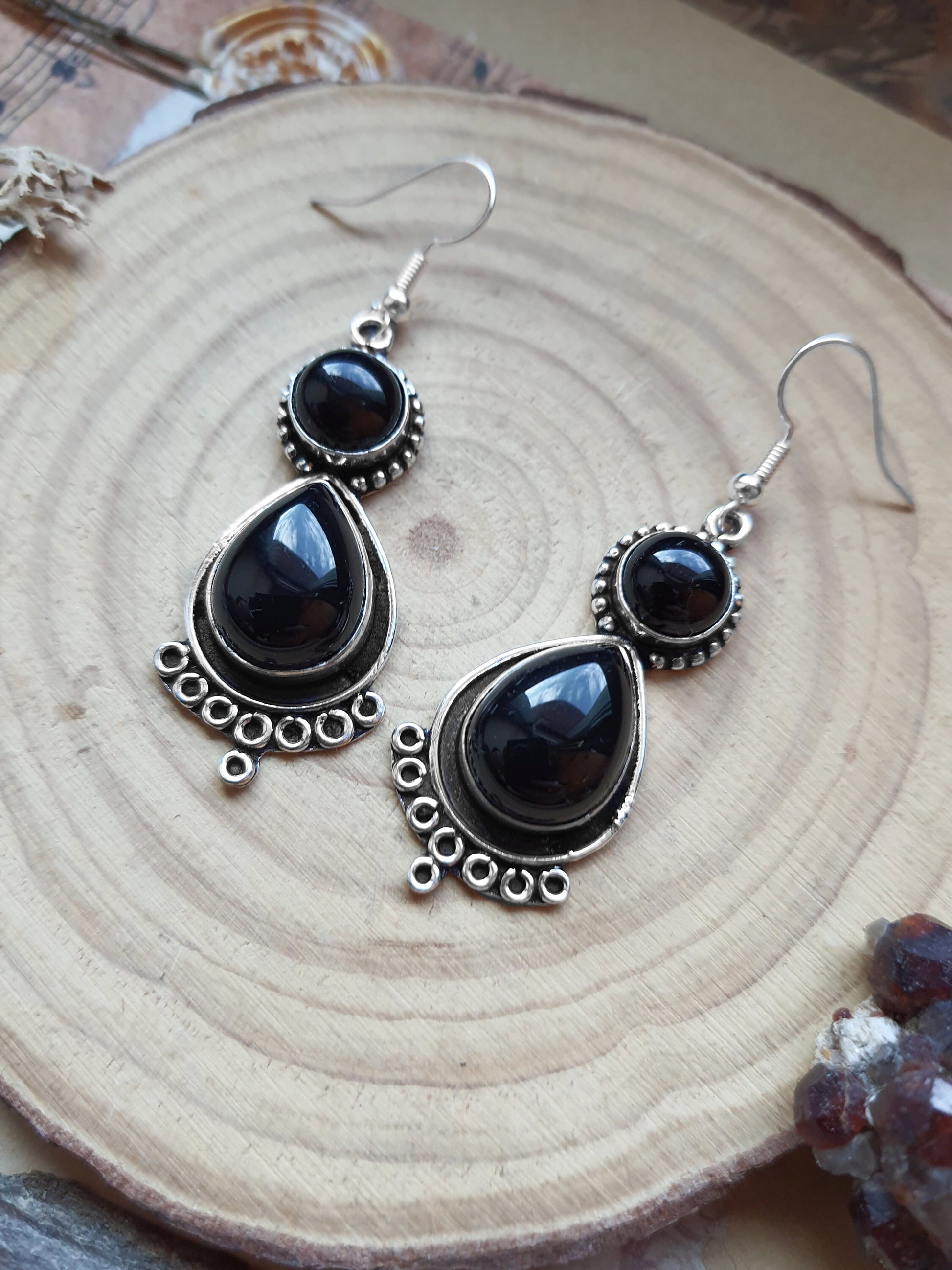 Black Onyx Ethnic Dangle Earrings In Sterling Silver GypsyJewelry