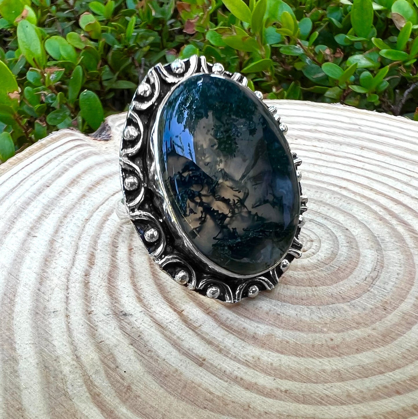 Moss Agate Ring In Sterling Silver Size US 8 1/2 Statement Ring One Of A Kind Crystal Ring
