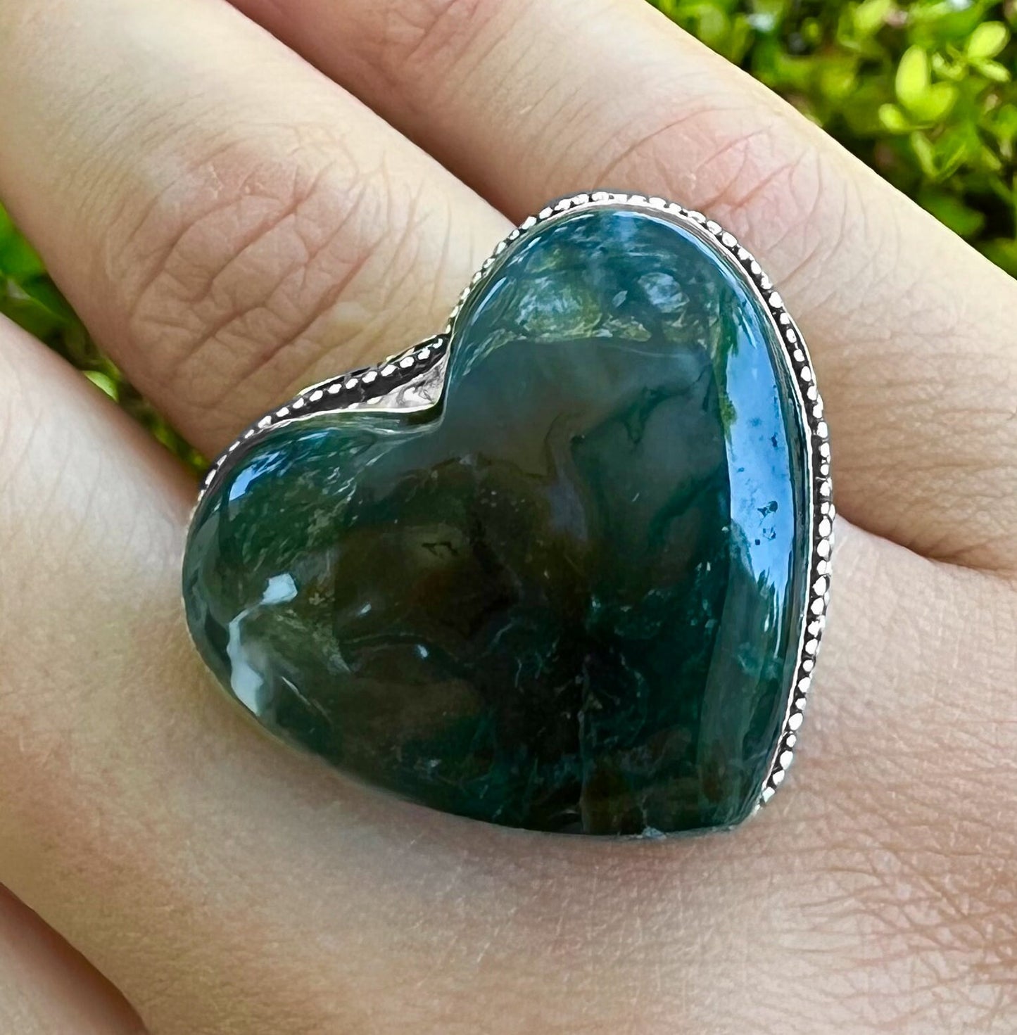Moss Agate Ring In Sterling Silver Size US 7 1/2 Statement Ring One Of A Kind Crystal Ring