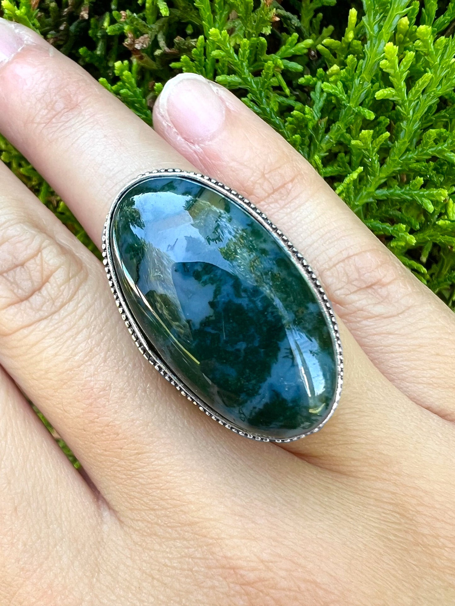 Moss Agate Ring In Sterling Silver Size US 5 Statement Ring One Of A Kind Crystal Ring