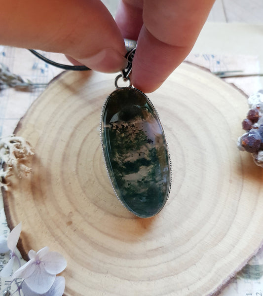 Moss Agate Pendant In Sterling Silver Boho Gemstone Pendant One Of A Kind Jewelry Unique Gift