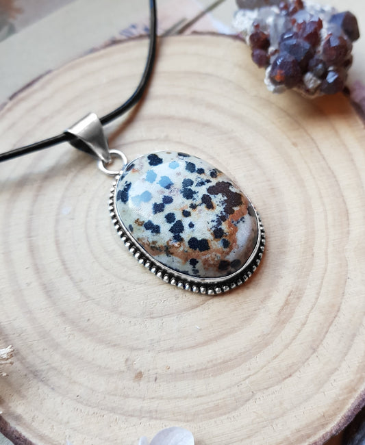 Dalmatian Jasper Pendant In Sterling Silver Statement Necklace Boho Crystal Pendant Unique Gift For Women