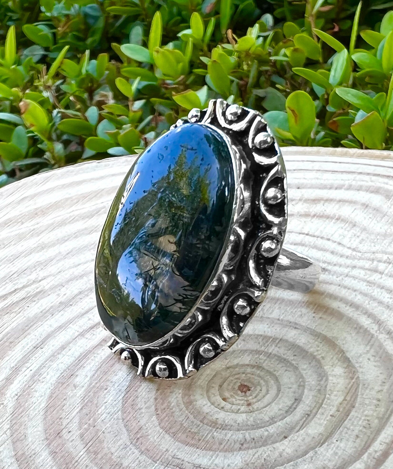 Moss Agate Ring In Sterling Silver Size US 8 1/2 Statement Ring One Of A Kind Crystal Ring
