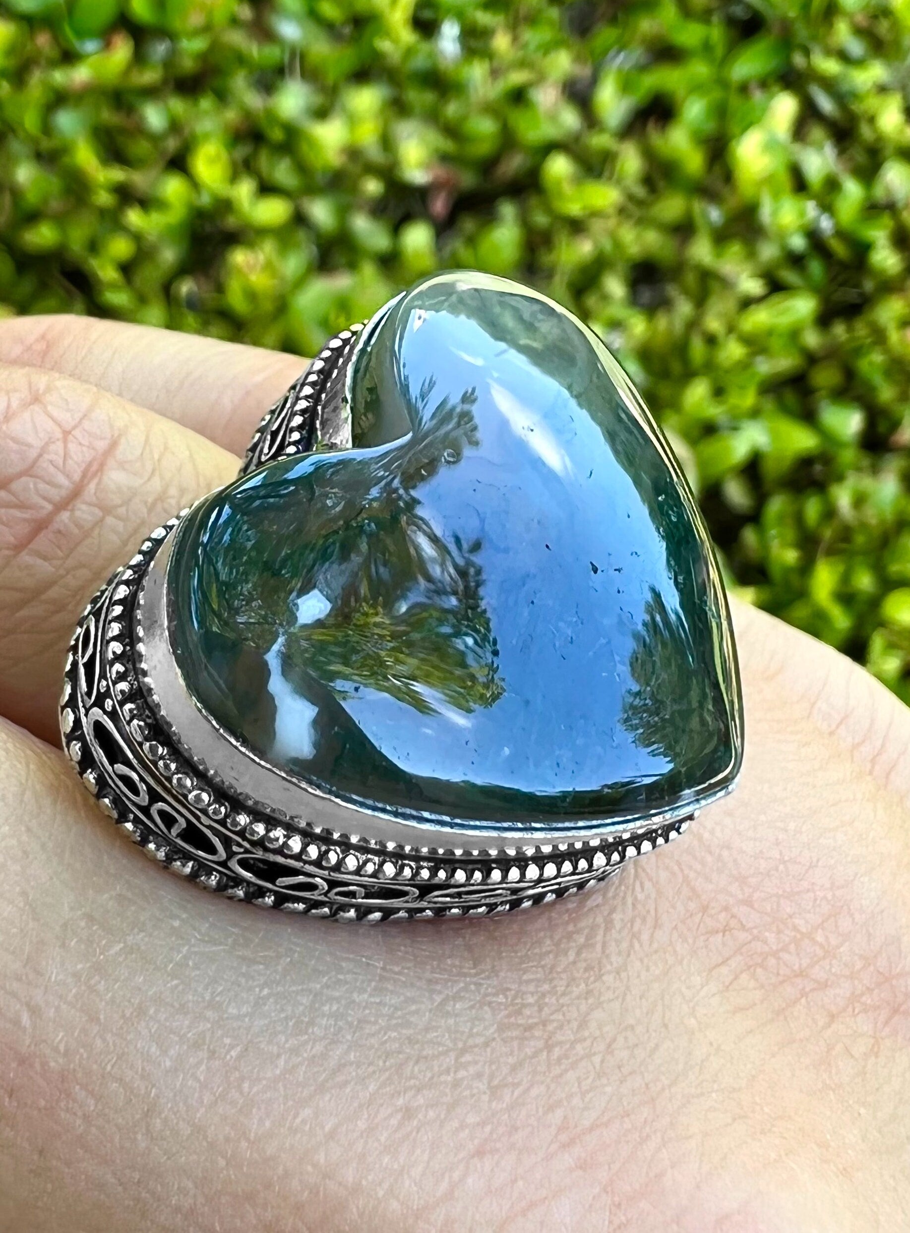 Moss Agate Ring In Sterling Silver Size US 7 1/2 Statement Ring One Of A Kind Crystal Ring