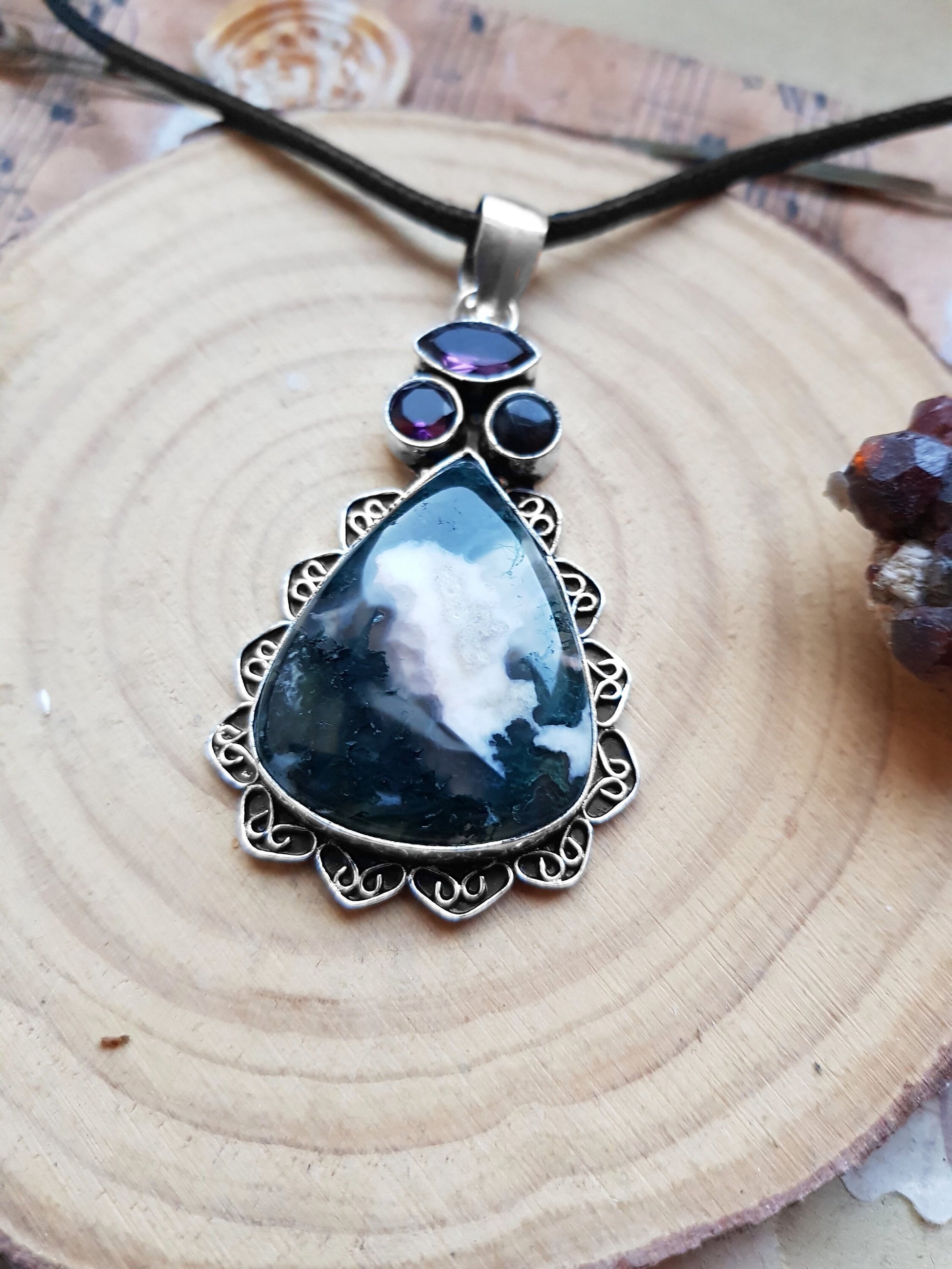 Moss Agate Pendant In Sterling Silver Boho Gemstone Pendant One Of A Kind Jewelry Unique Gift