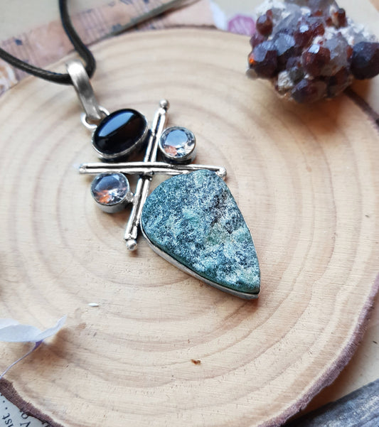 Raw Moss Agate And Onyx Pendant In Sterling Silver Boho Gemstone Pendant One Of A Kind Jewelry Unique Gift