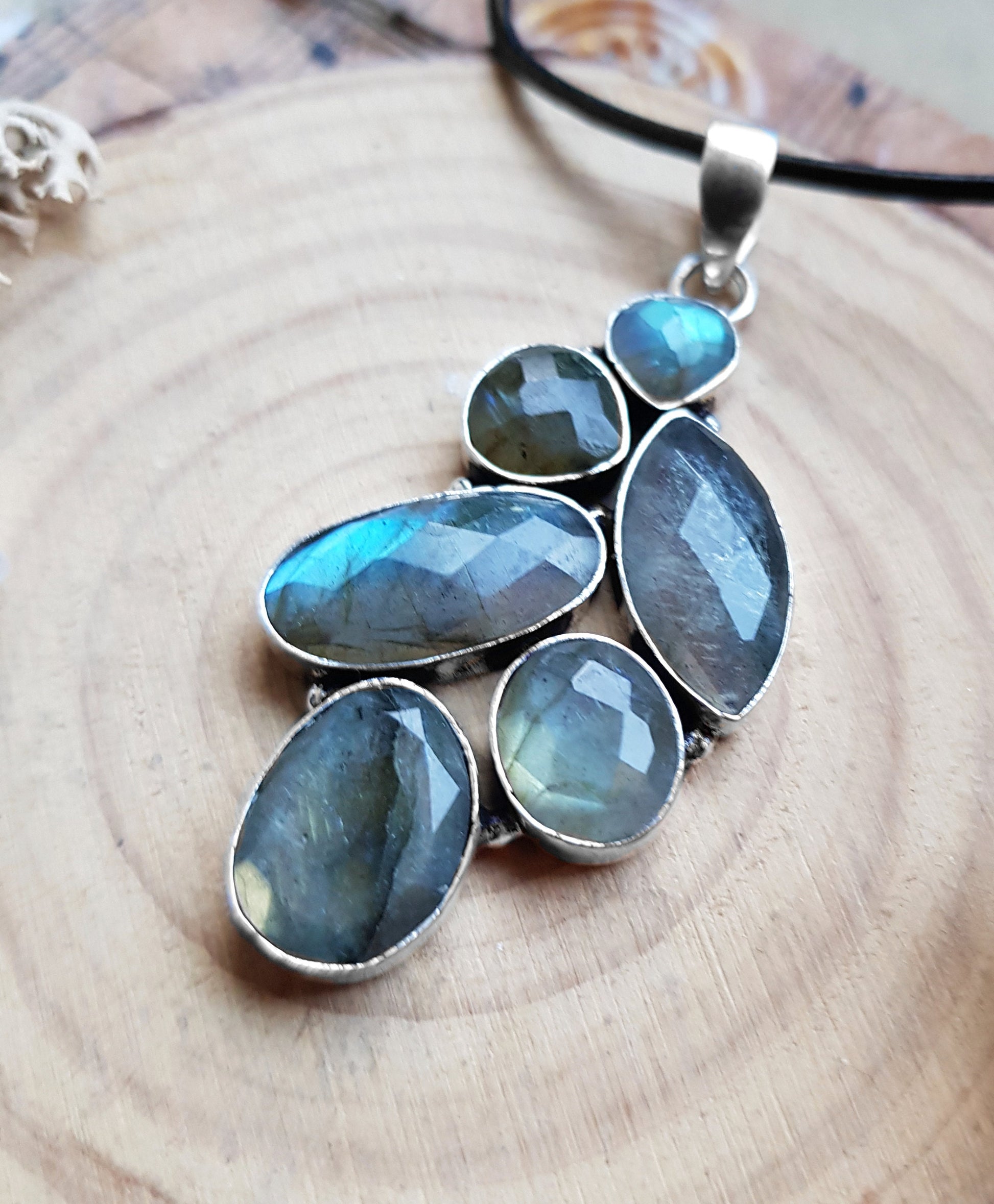 Multi Stone Blue Labradorite Pendant In Sterling Silver Big Statement Pendant