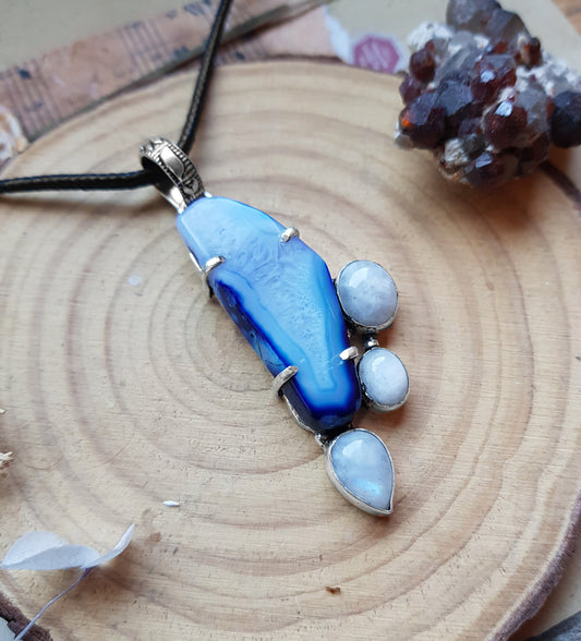 Blue Agate And Moonstone Pendant In Sterling Silver Boho Gemstone Pendant One Of A Kind Jewelry Unique Gift