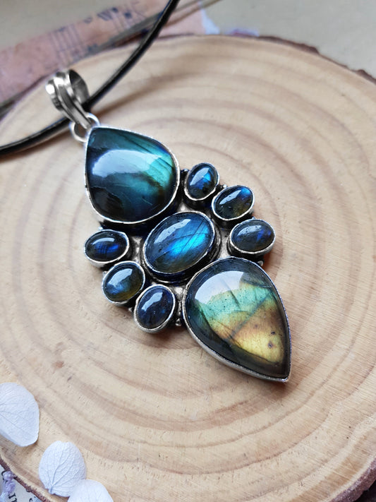 Multi Stone Big Labradorite Pendant In Sterling Silver Big Statement Pendant Unique Gift Gemstone Lover Gift Boho Pendant GypsyJewelry