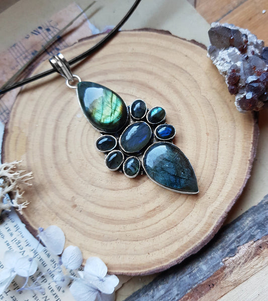 Multi Stone Big Labradorite Pendant In Sterling Silver Big Statement Pendant Unique Gift Gemstone Lover Gift Boho Pendant GypsyJewelry