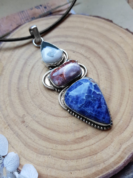 Sodalite Multi Stone Pendant In Sterling Silver Boho Crystal Necklace Unique Gift For Women GypsyJewelry