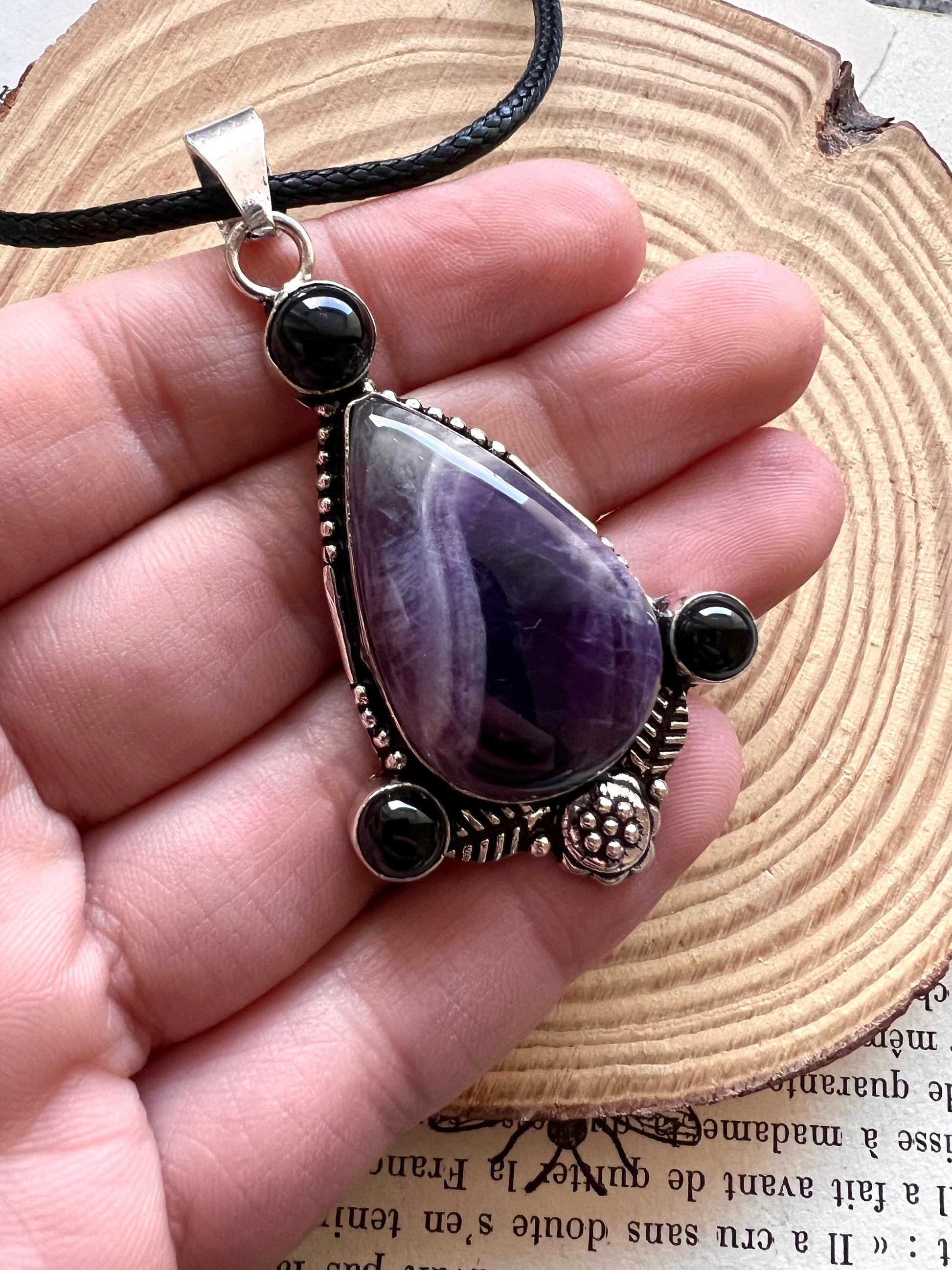 Amethyst And Black Onyx Statement Pendant In Sterling Silver, Multi Stone Crystal Necklace