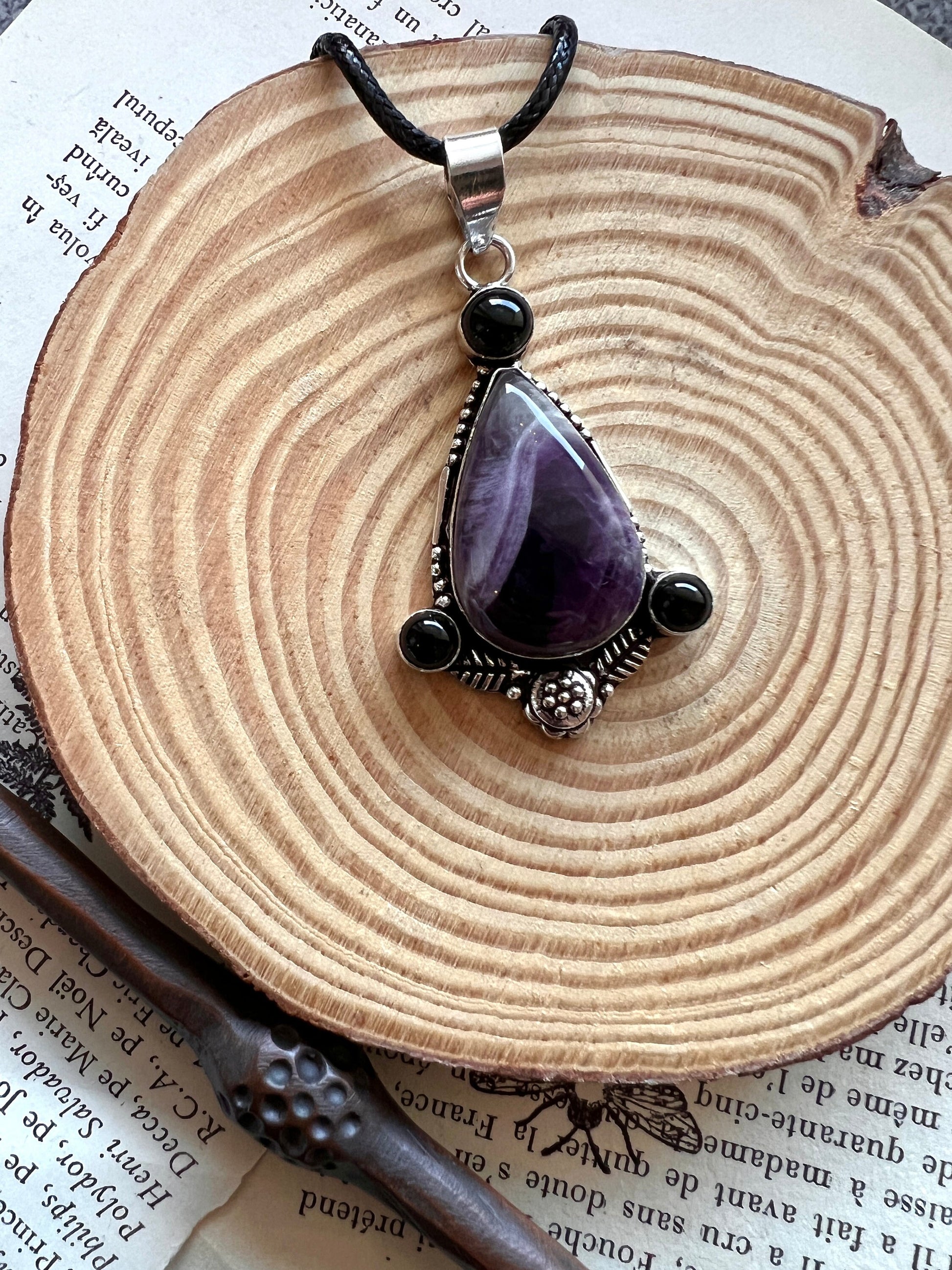Amethyst And Black Onyx Statement Pendant In Sterling Silver, Multi Stone Crystal Necklace