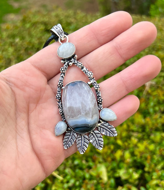 Solar Agate Moonstone Necklace In Sterling Silver, Statement Pendant, Crystal Jewellery