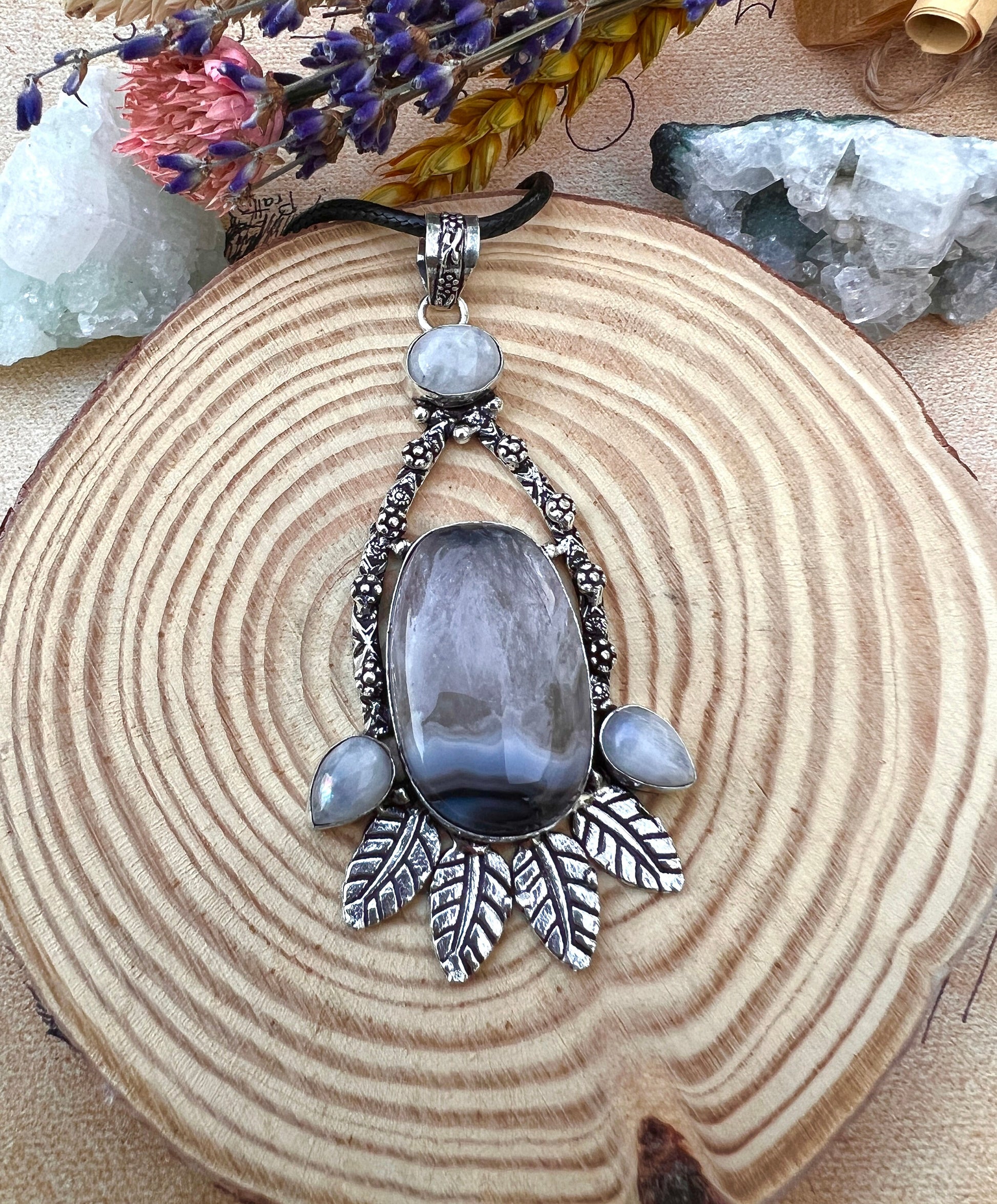 Solar Agate Moonstone Necklace In Sterling Silver, Statement Pendant, Crystal Jewellery