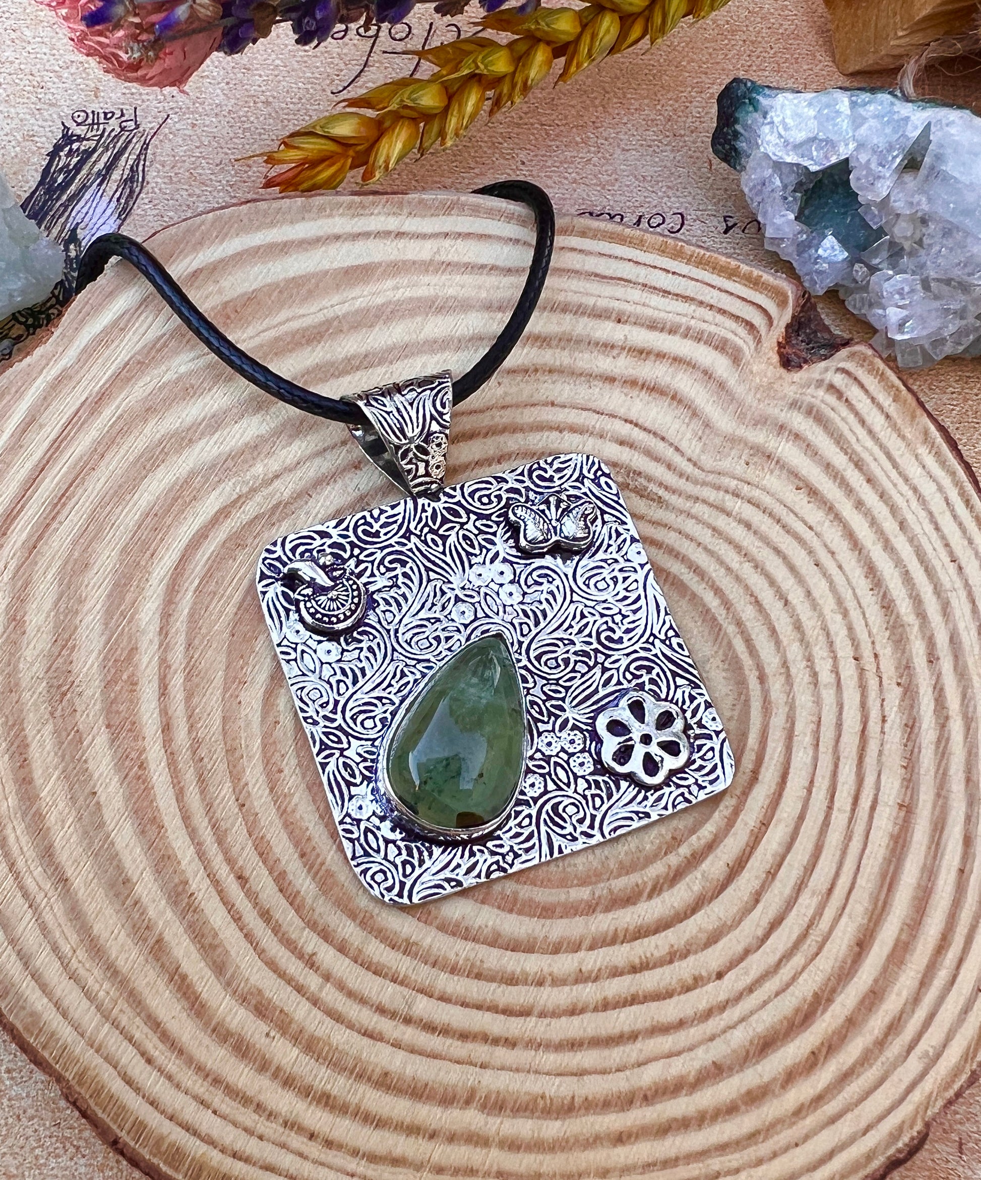 Prehnite Gemstone Pendant Sterling Silver Statement Pendant Gypsy Jewelry Unique Gift For Her