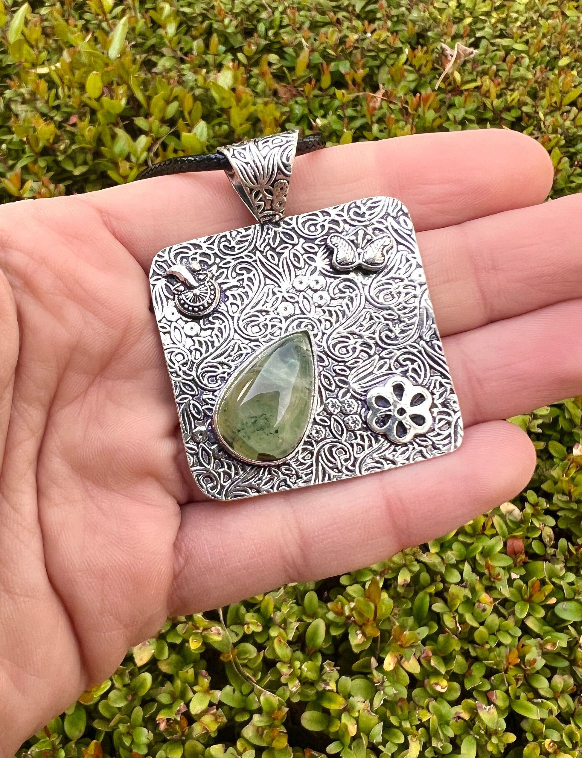 Prehnite Gemstone Pendant Sterling Silver Statement Pendant Gypsy Jewelry Unique Gift For Her