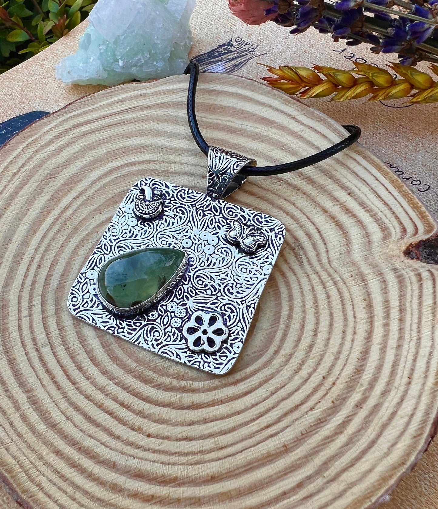 Prehnite Gemstone Pendant Sterling Silver Statement Pendant Gypsy Jewelry Unique Gift For Her