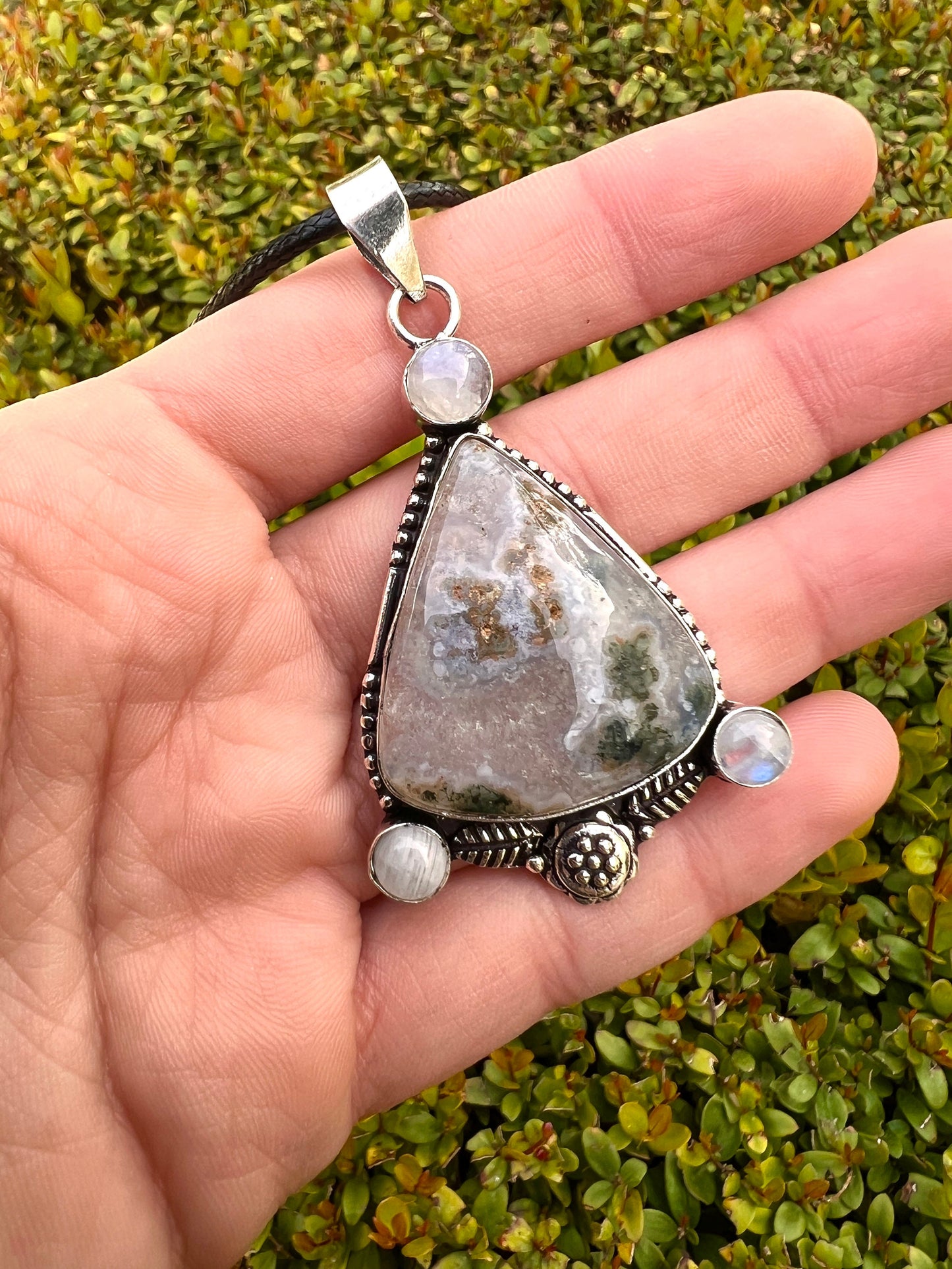 Moss Agate And Moonstone Pendant In Sterling Silver Boho Gemstone Pendant One Of A Kind Jewelry Unique Gift