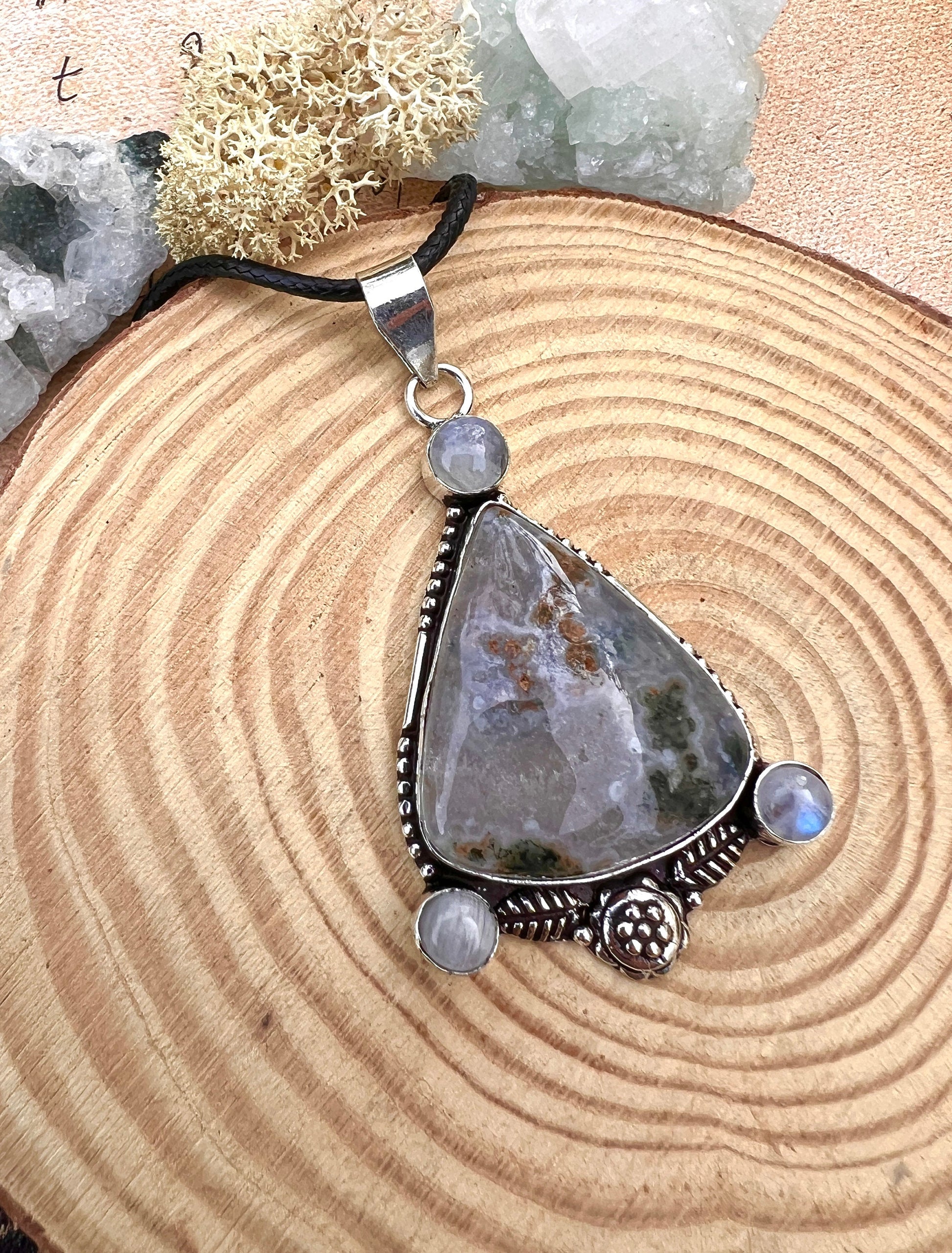 Moss Agate And Moonstone Pendant In Sterling Silver Boho Gemstone Pendant One Of A Kind Jewelry Unique Gift