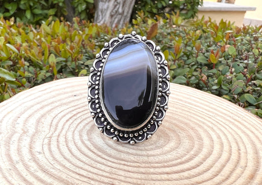 Botswana Agate Ring In Sterling Silver Size US 8 3/4 Statement Ring One Of A Kind