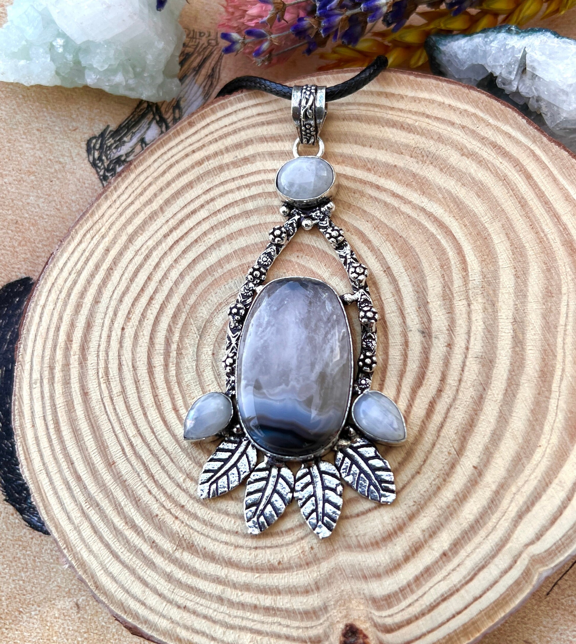 Solar Agate Moonstone Necklace In Sterling Silver, Statement Pendant, Crystal Jewellery