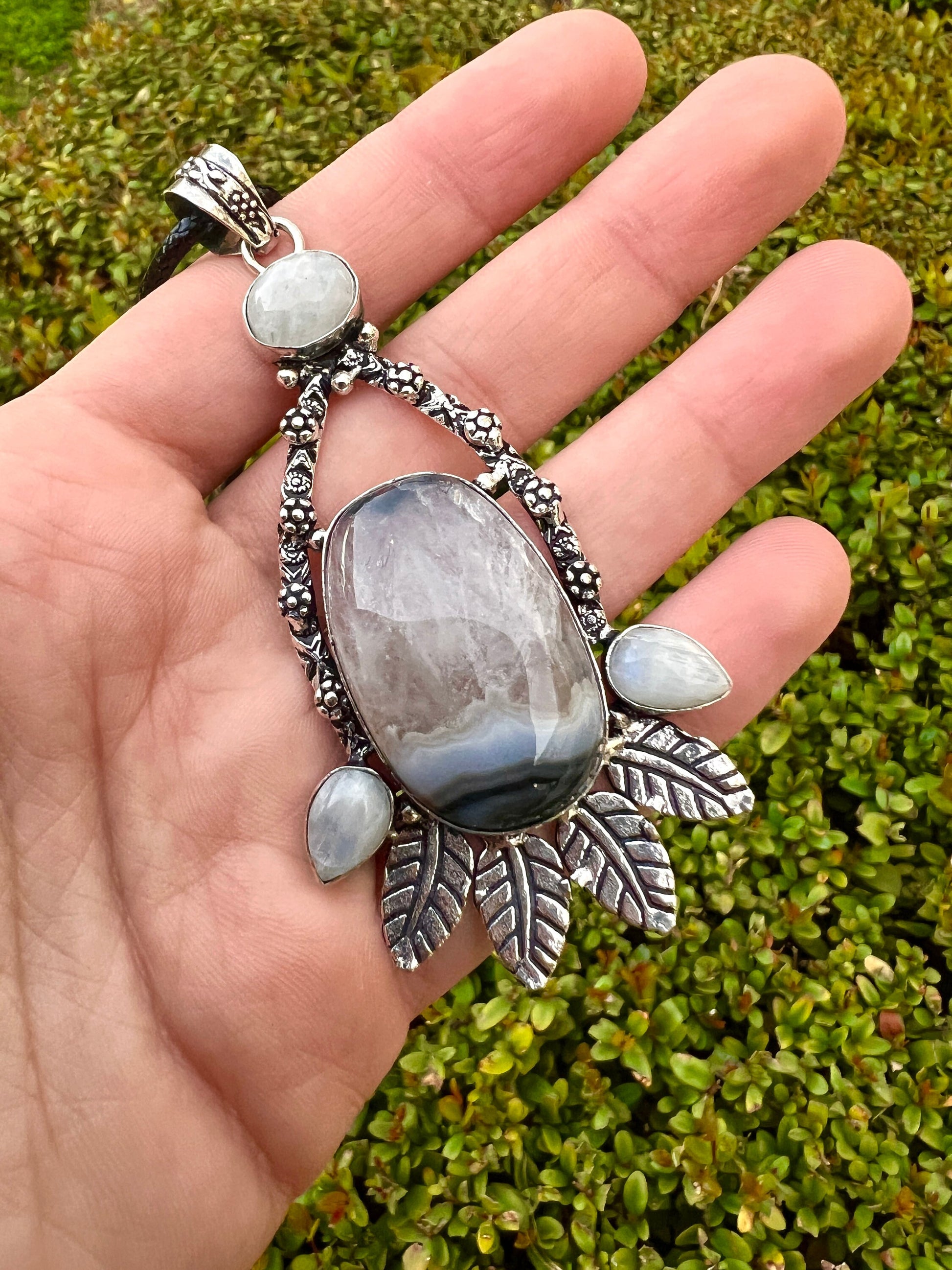 Solar Agate Moonstone Necklace In Sterling Silver, Statement Pendant, Crystal Jewellery