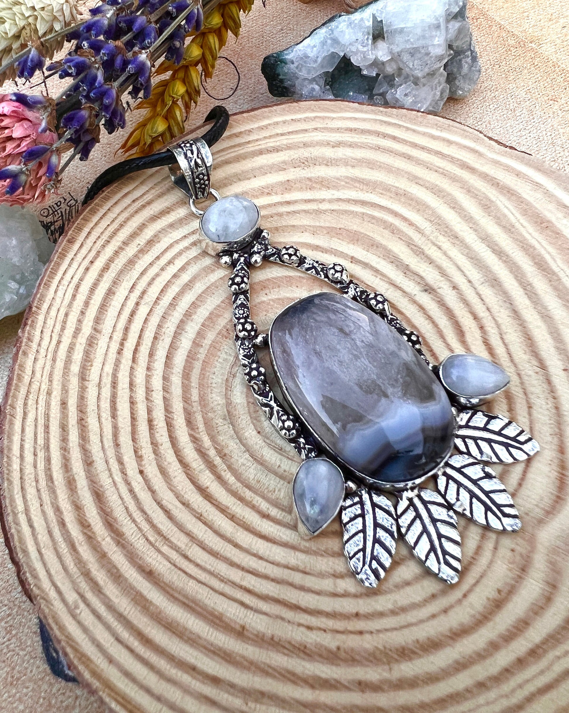 Solar Agate Moonstone Necklace In Sterling Silver, Statement Pendant, Crystal Jewellery