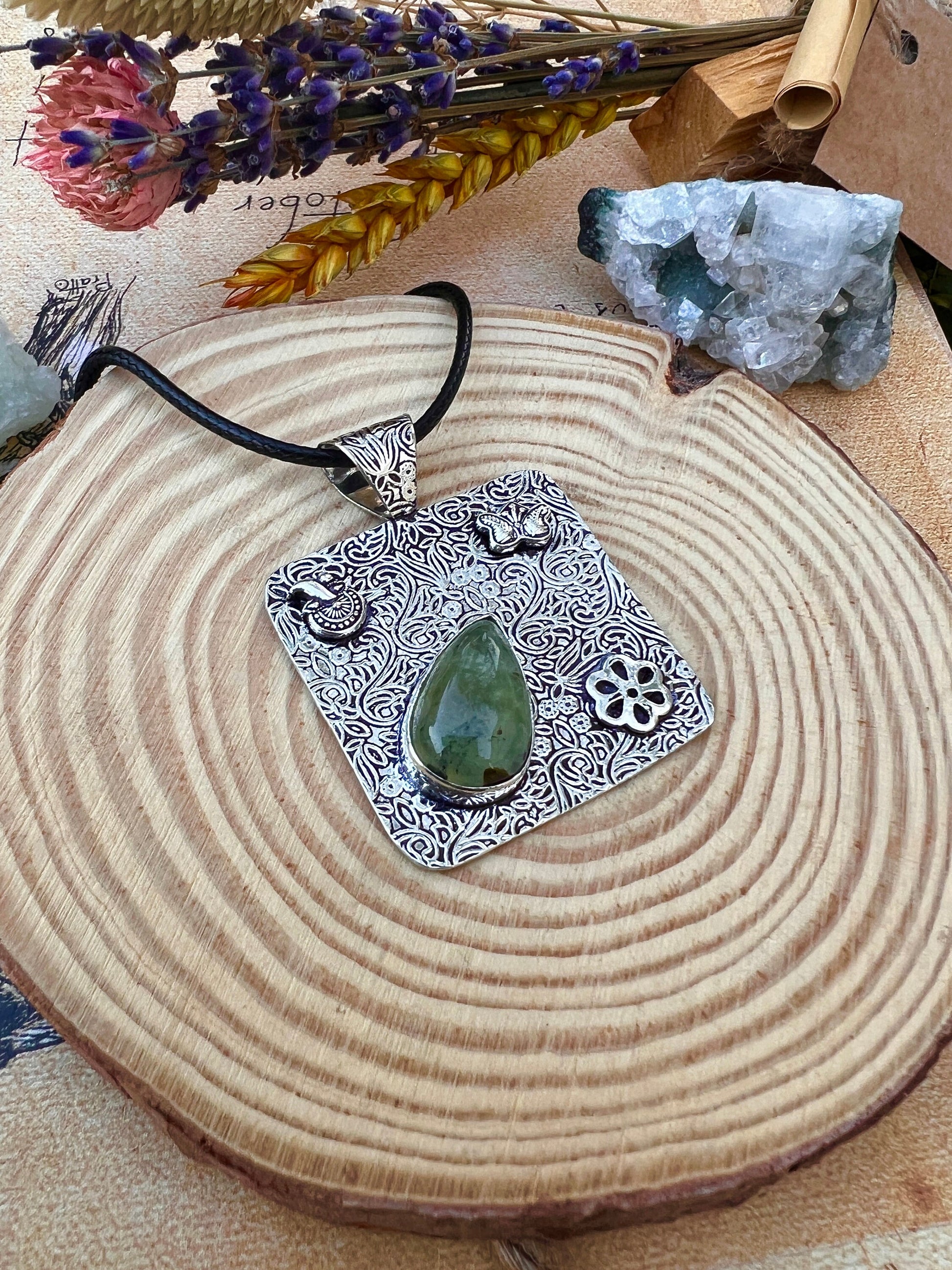 Prehnite Gemstone Pendant Sterling Silver Statement Pendant Gypsy Jewelry Unique Gift For Her