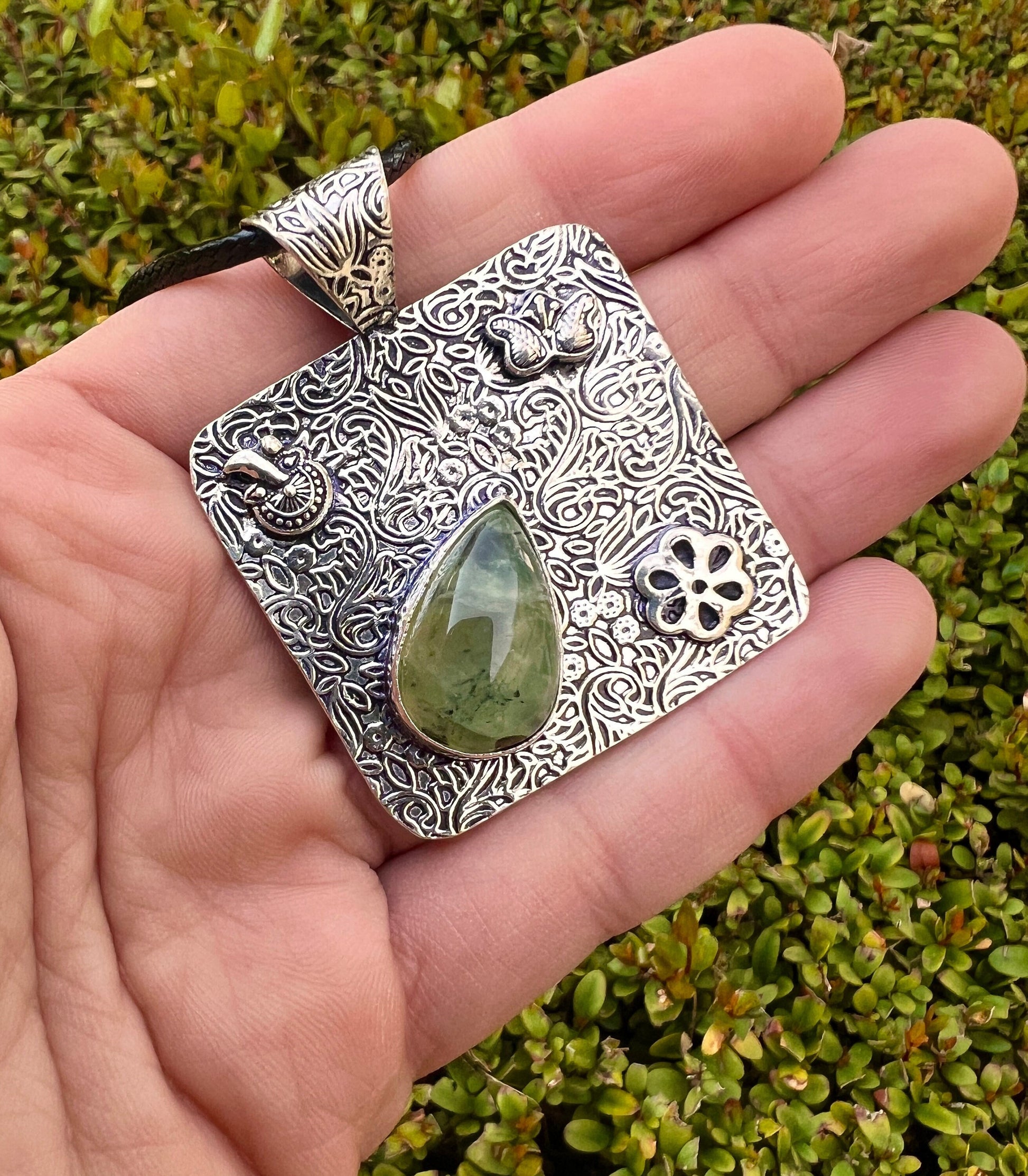 Prehnite Gemstone Pendant Sterling Silver Statement Pendant Gypsy Jewelry Unique Gift For Her