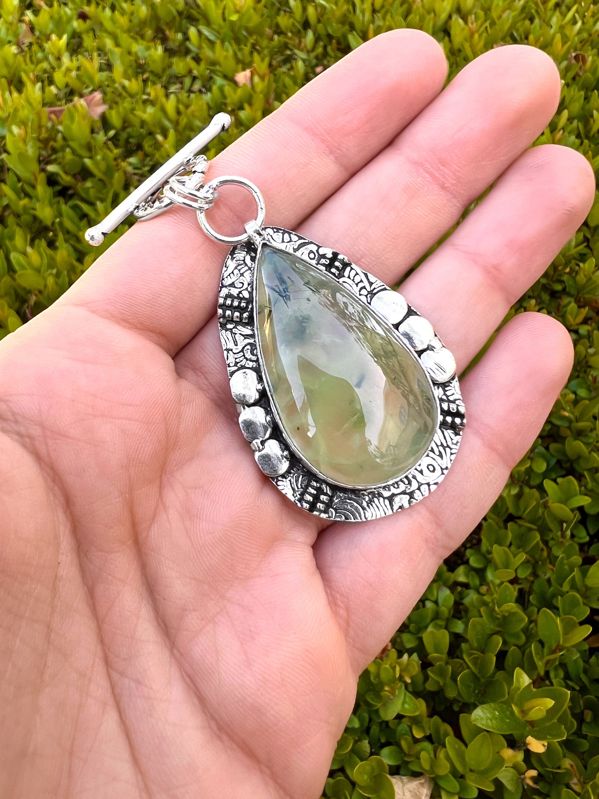 Prehnite Gemstone Pendant Sterling Silver Statement Pendant Gypsy Jewelry Unique Gift For Her