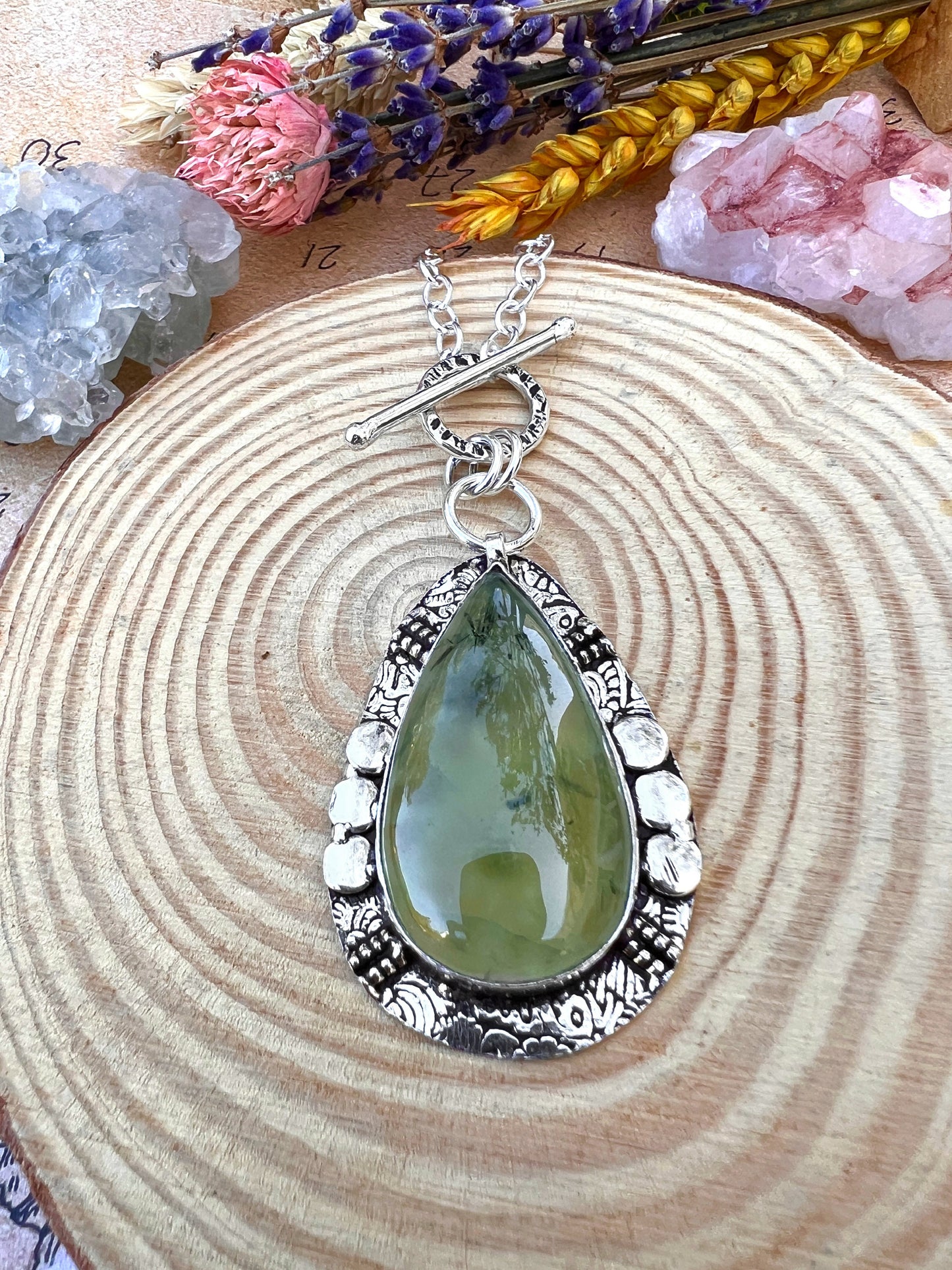 Prehnite Gemstone Pendant Sterling Silver Statement Pendant Gypsy Jewelry Unique Gift For Her