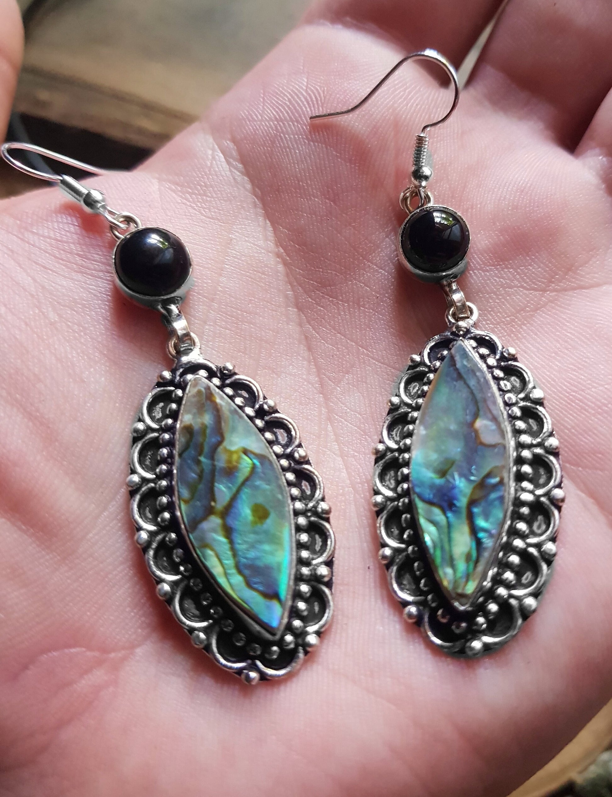 Labradorite And Abalone Shell Earrings In Sterling Silver, Statement Dangle Earrings One Of A Kind