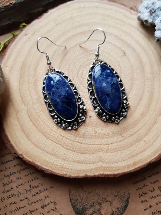 Lapis Lazuli Dangle Earrings In Sterling Silver Boho Gemstone Earrings Oval Statement Earrings One Of A Kind Gift