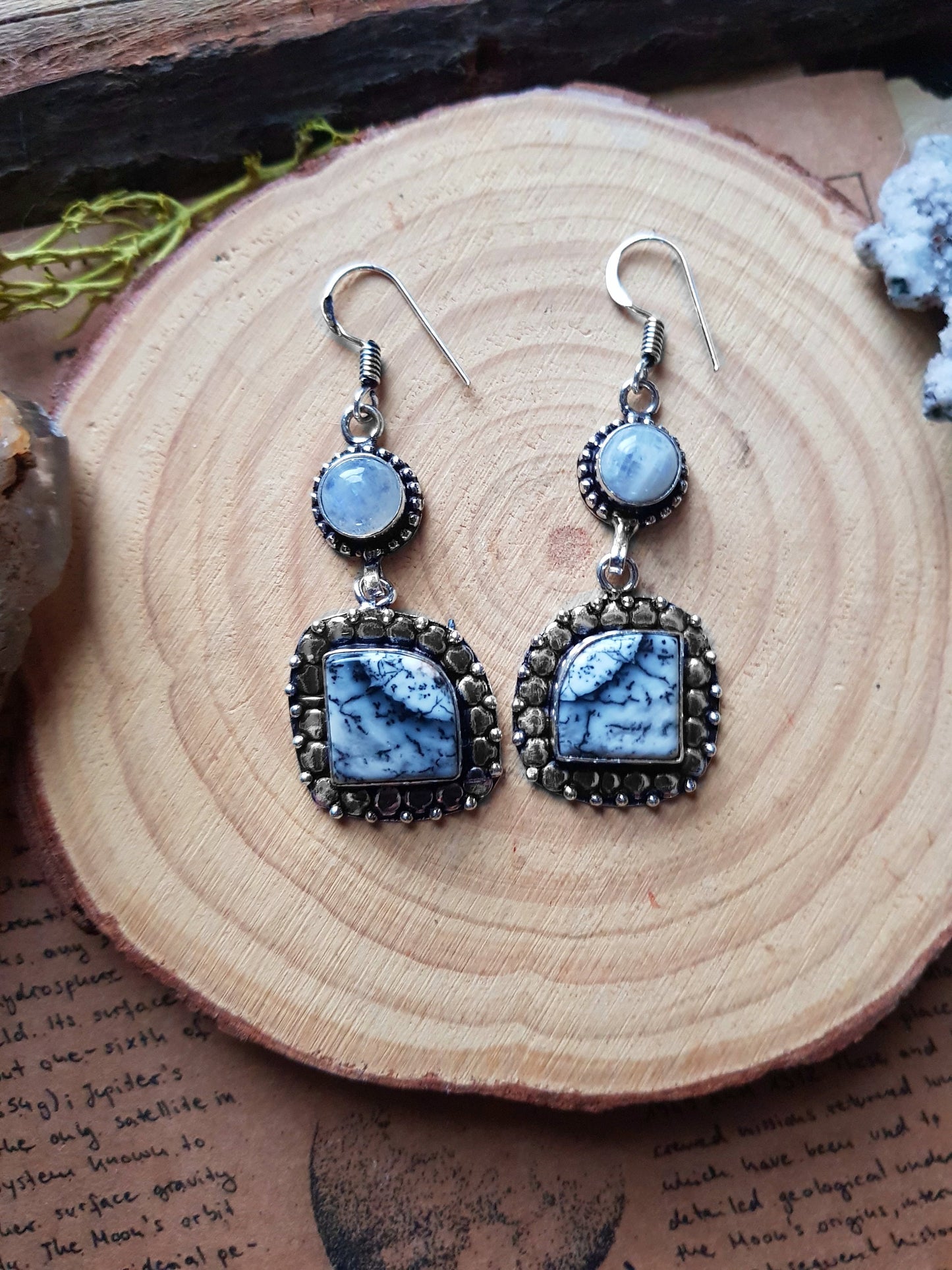 Rainbow Moonstone And Dendritic Opal Earrings In Sterling Silver Crystal Earrings