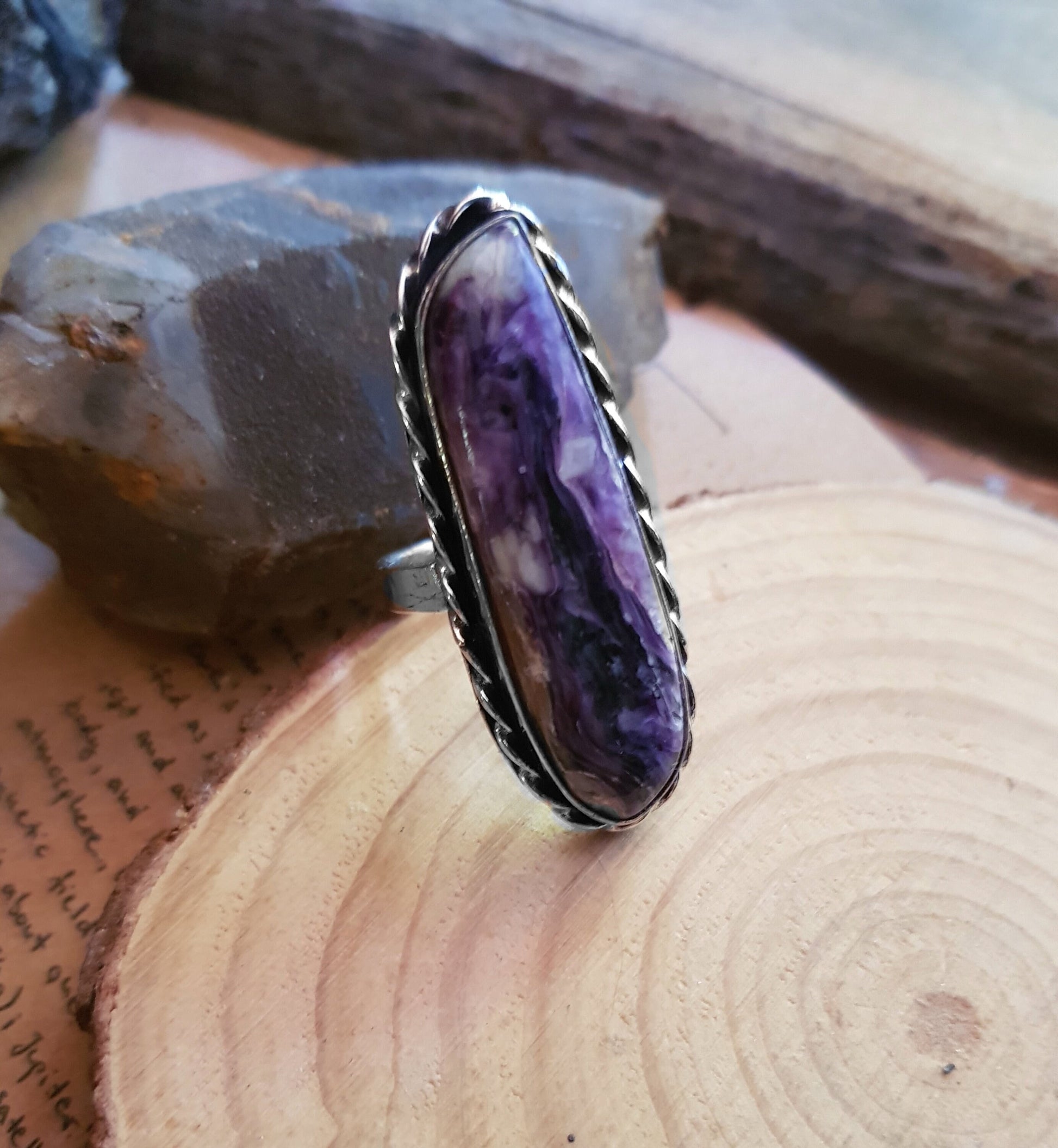 Charoite Statement Ring Teardrop Ring Size US 8 1/2 Sterling Silver Gemstone Ring Boho Ring Unique Jewelry