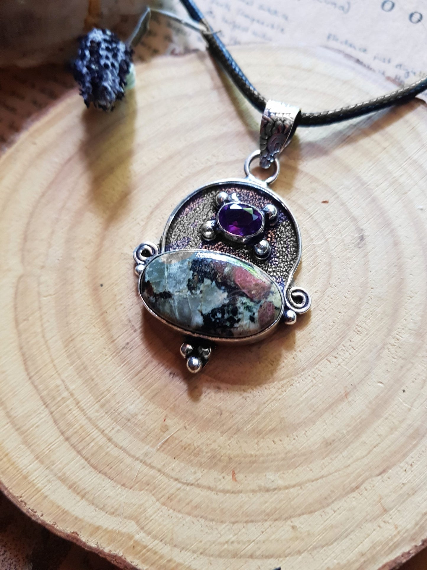 Edulite And Amethyst Pendant In Sterling Silver Statement Necklace One Of A Kind Necklace