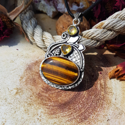 Tiger Eye And Citrine Statement Pendant, One Of A Kind Multi Stone Necklace