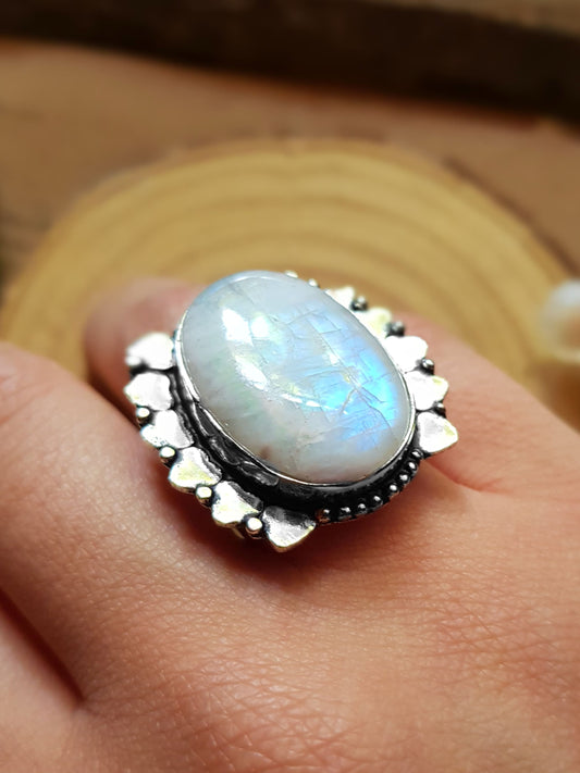 Rainbow Moonstone Ring In Sterling Silver Size US 7 3/4 Boho Crystal Ring Gemstone Ring GypsyJewelry One Of A Kind Gift For Women